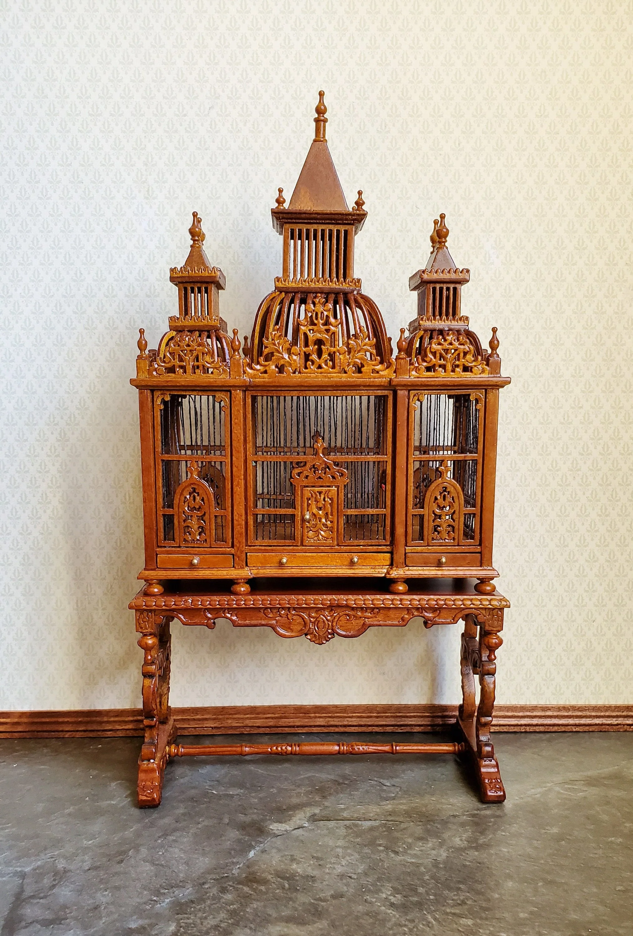Dollhouse Miniature Birdcage JBM Large Victorian Fancy 1:12 Walnut Finish - Image 6