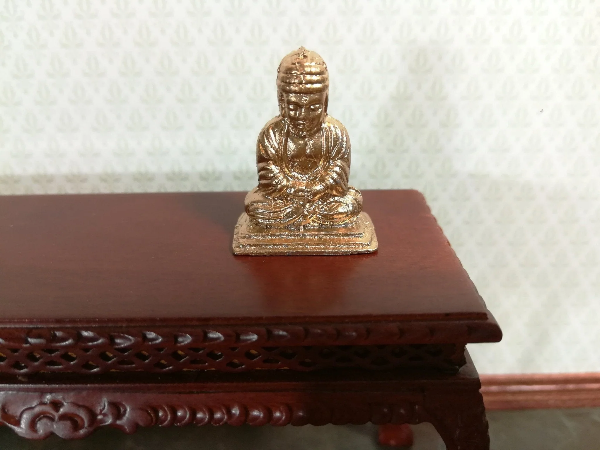 Dollhouse Miniature Buddha Statue Small Gold Tone Metal Statue 1:12 Scale