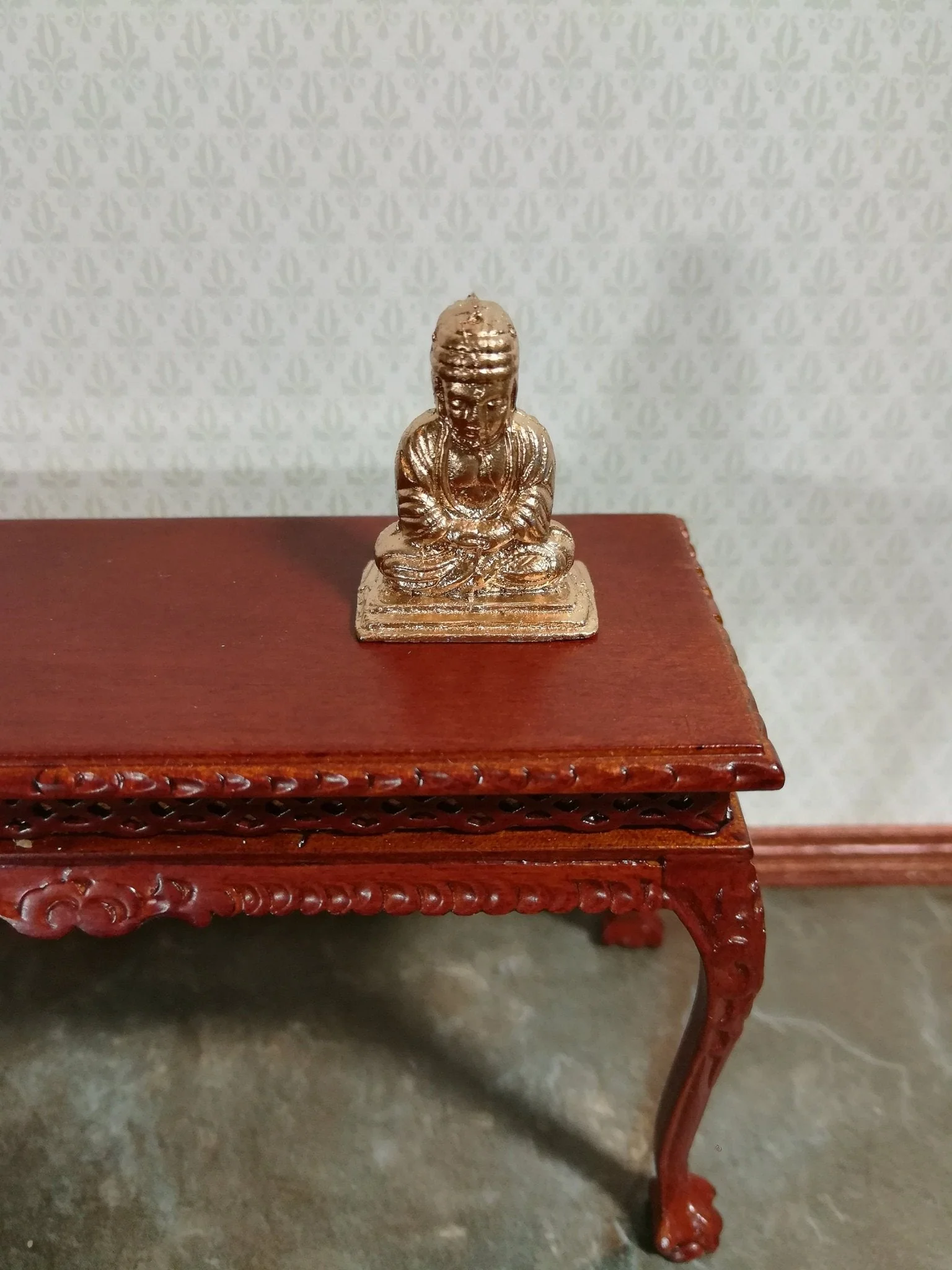 Dollhouse Miniature Buddha Statue Small Gold Tone Metal Statue 1:12 Scale - Image 2