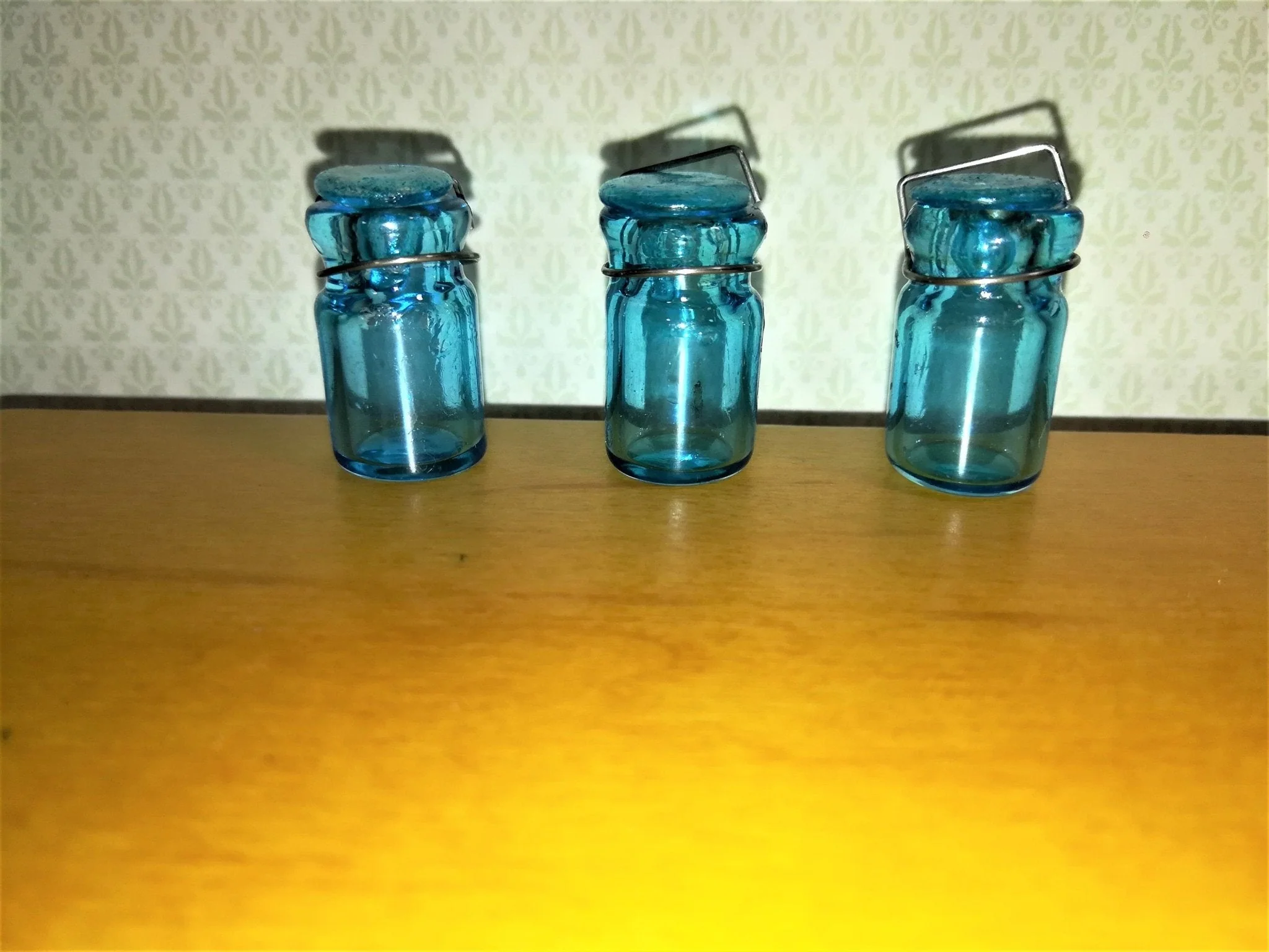 Dollhouse Miniature Canning Jars Large Glass Aqua Blue with Lids Set of 3 1:12 Scale