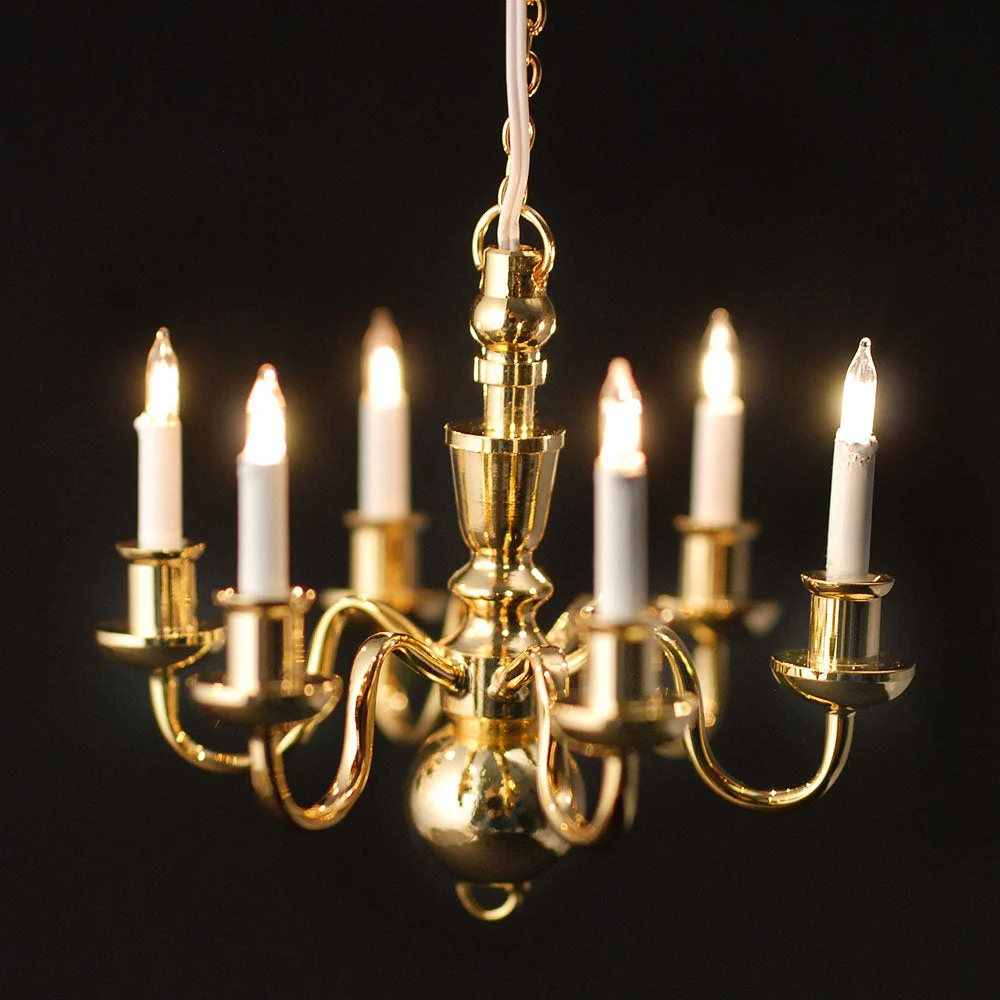 Dollhouse Miniature Chandelier Gold 6 Arm 1:12 Scale 12 Volt Electric - Image 2