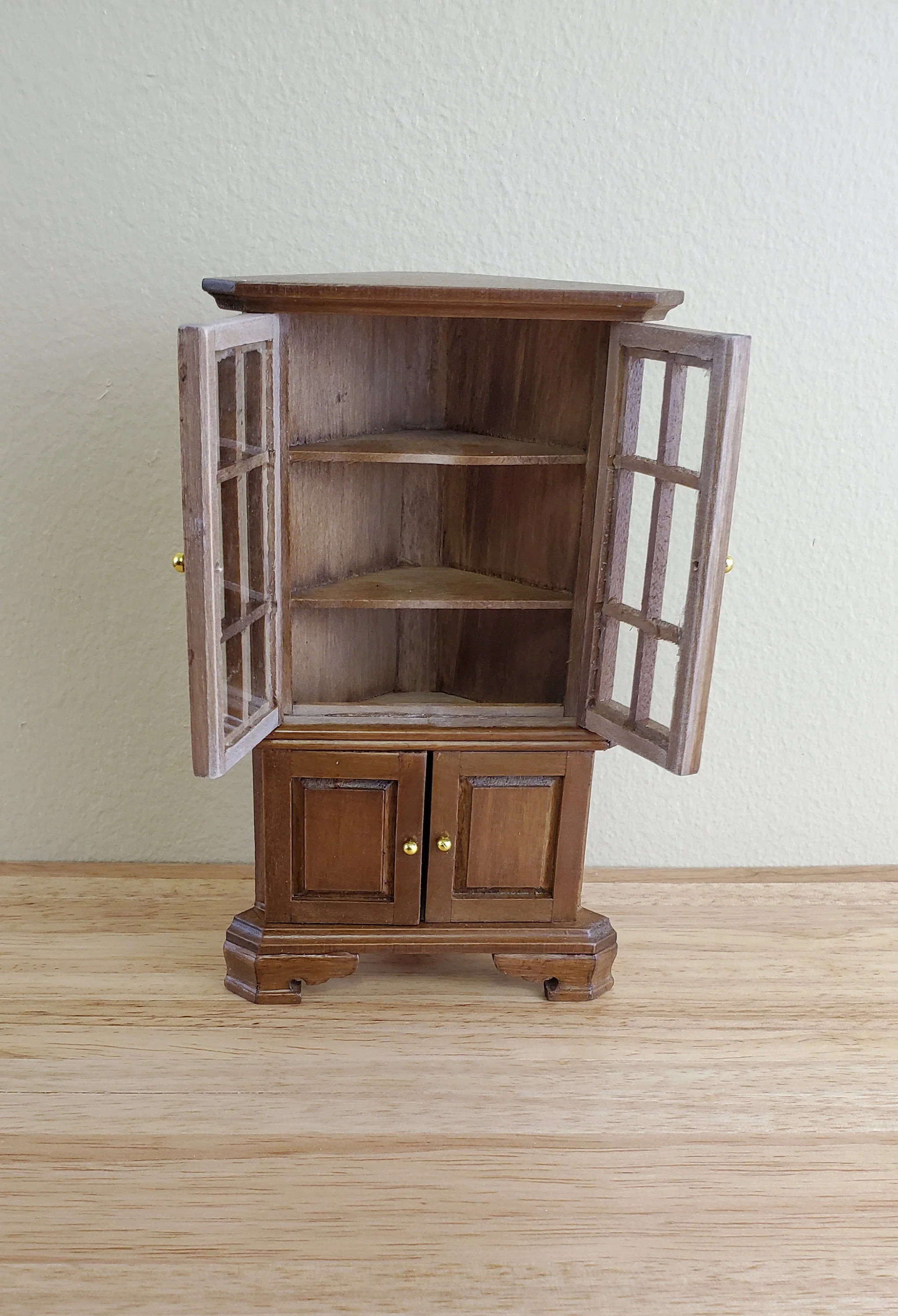 Dollhouse Miniature Corner Kitchen Hutch Walnut Finish 1:12 Scale Furniture - Image 3
