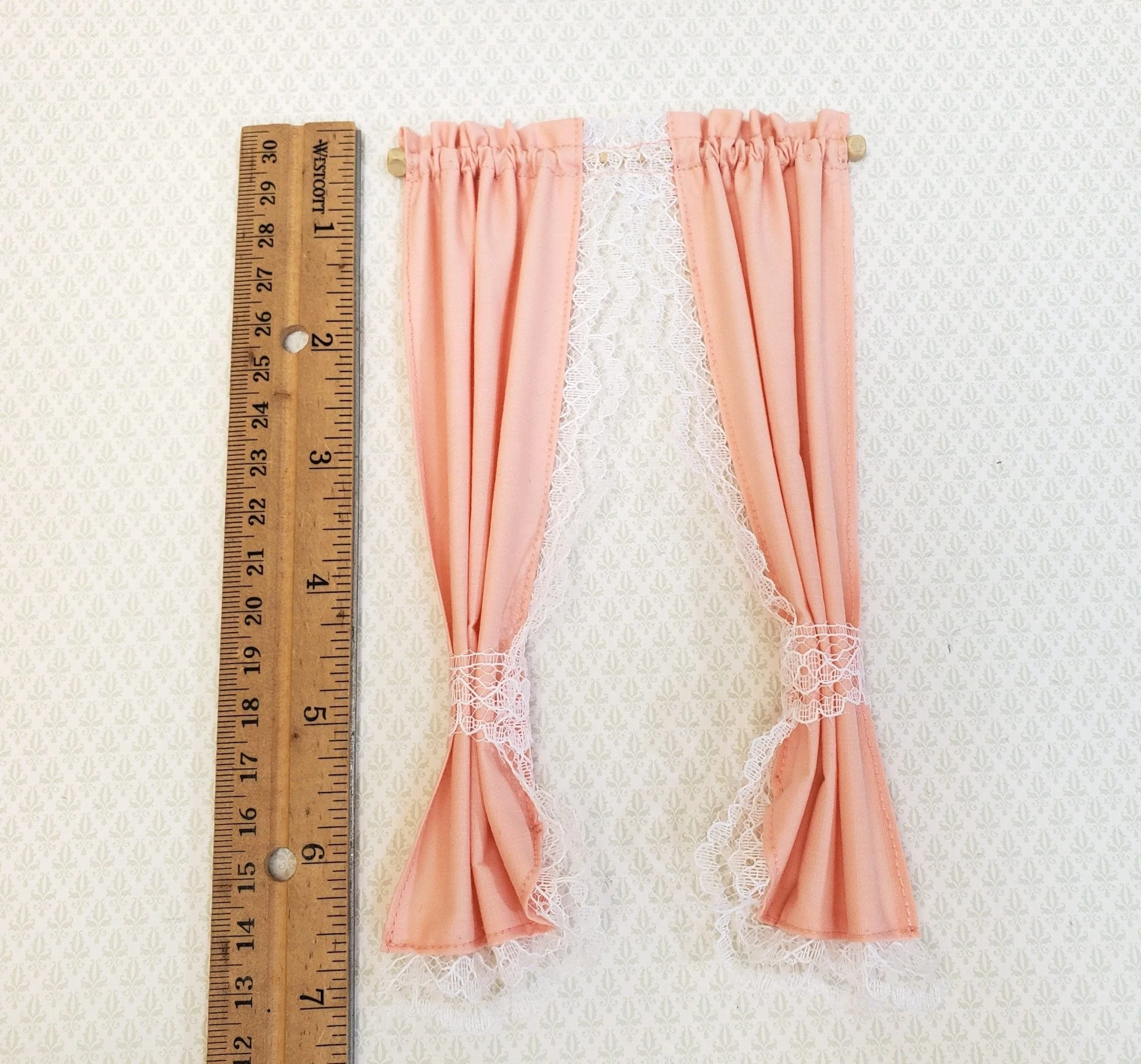 Dollhouse Miniature Curtains Peach with Lace & Curtain Rod 1:12 Scale Handmade - Image 3