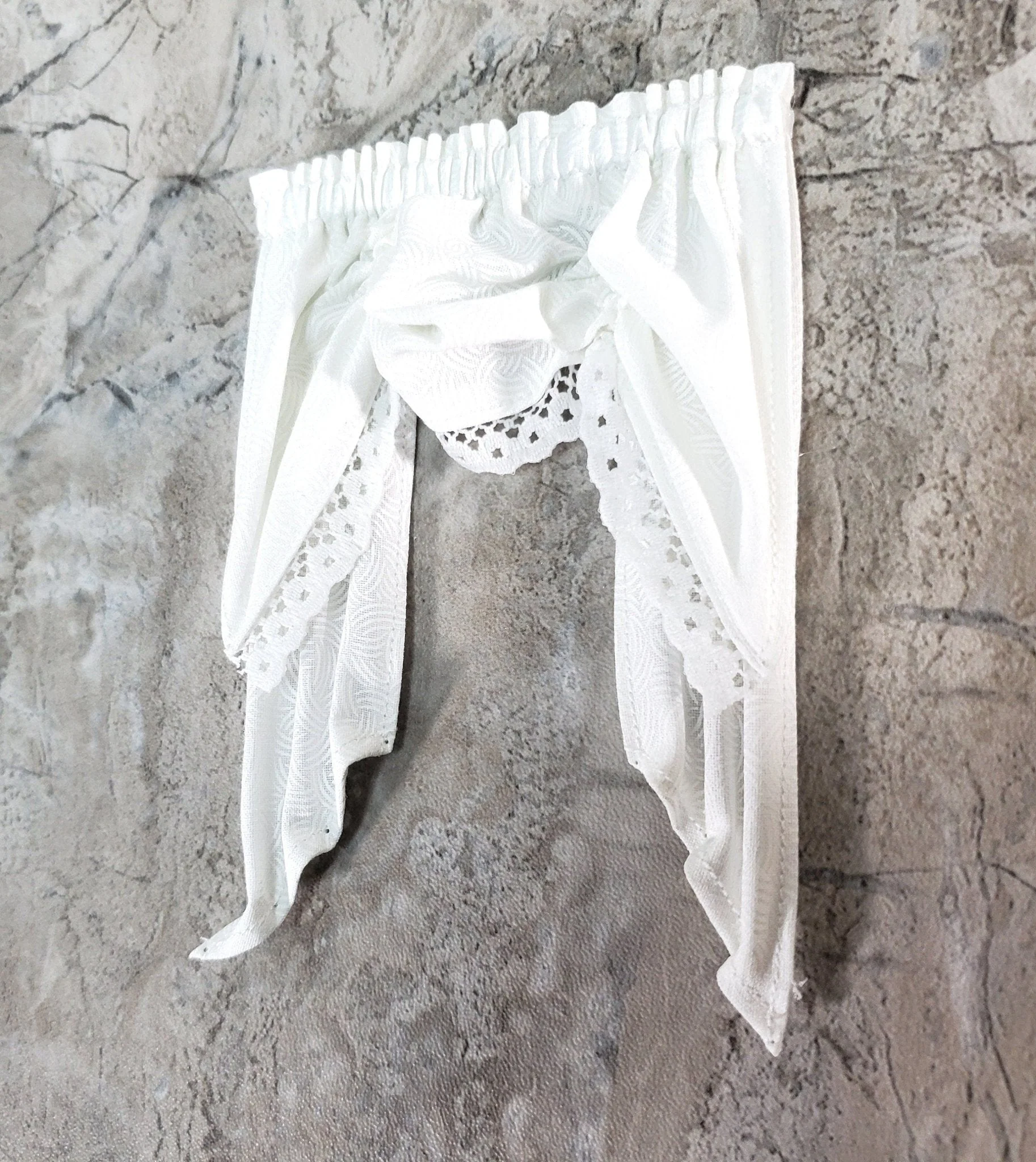 Dollhouse Miniature Curtains with Valance White with Scallop Print 1:12 Scale Handmade - Image 2