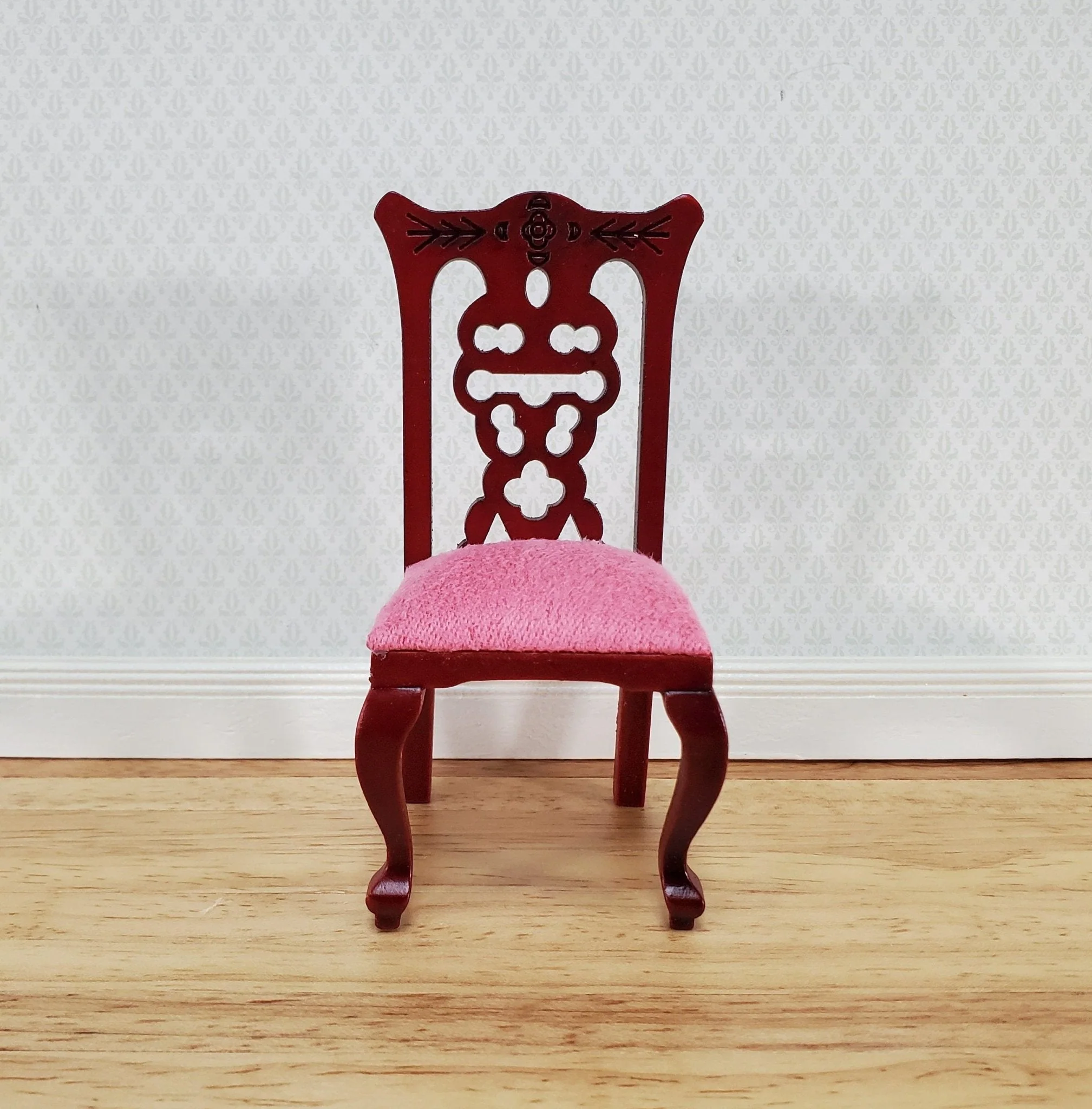 Dollhouse Miniature Dining Chair Pink Padded Seat 1:12 Scale Mahogany Finish - Image 3
