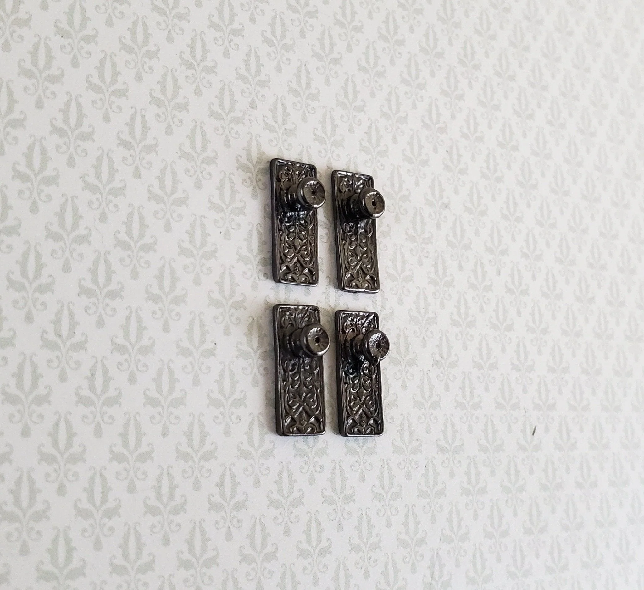 Dollhouse Miniature Doorknobs with Plate Dark Pewter Fancy Set 1:12 Scale - Image 2