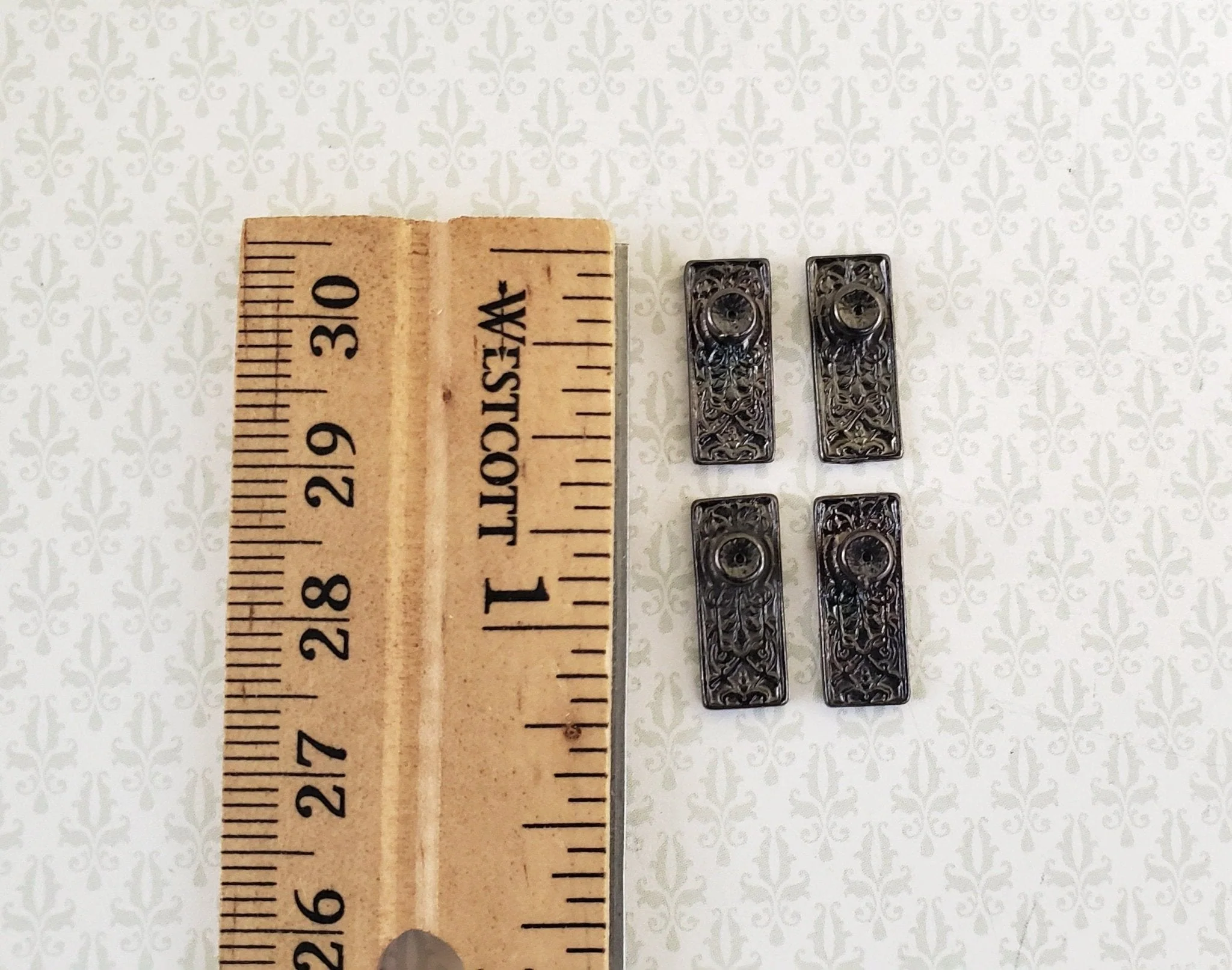 Dollhouse Miniature Doorknobs with Plate Dark Pewter Fancy Set 1:12 Scale - Image 3