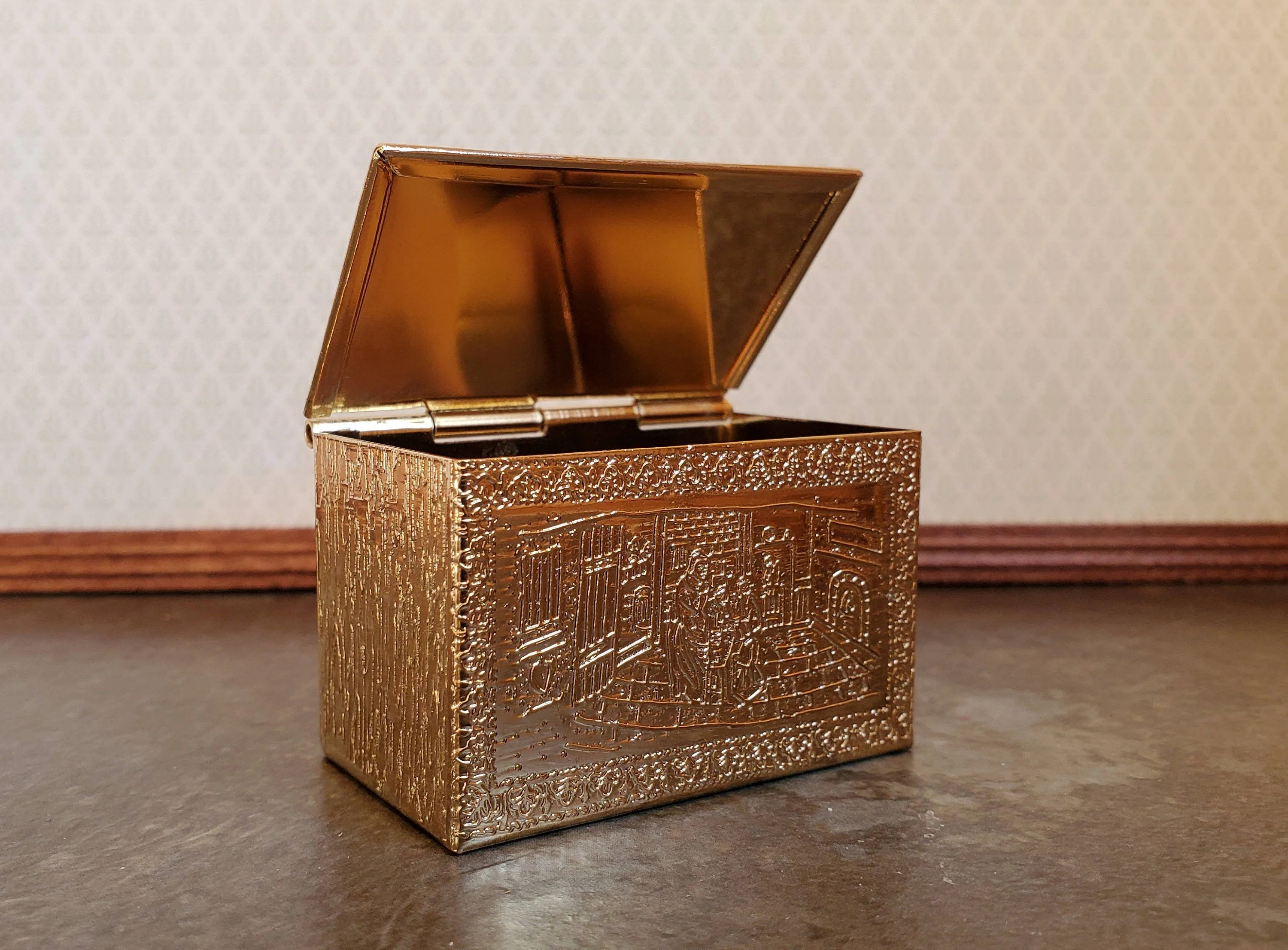 Dollhouse Fireplace Coal or Log Box Gold Brass Metal Trunk 1:12 Scale Miniature - Image 2