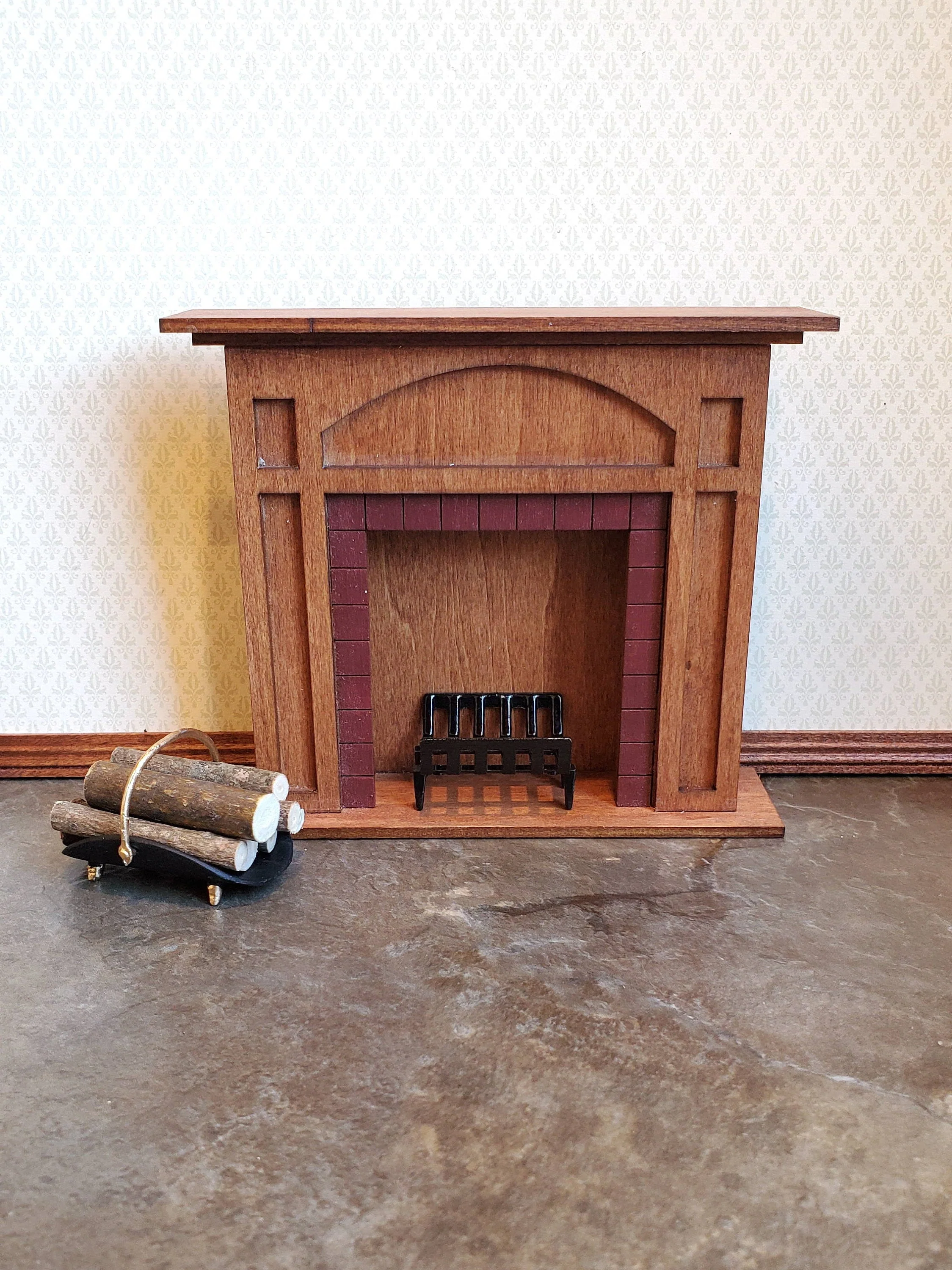 Dollhouse Miniature Fireplace Log Rack Holder with Logs Black Gold Metal 1:12 Scale - Image 3