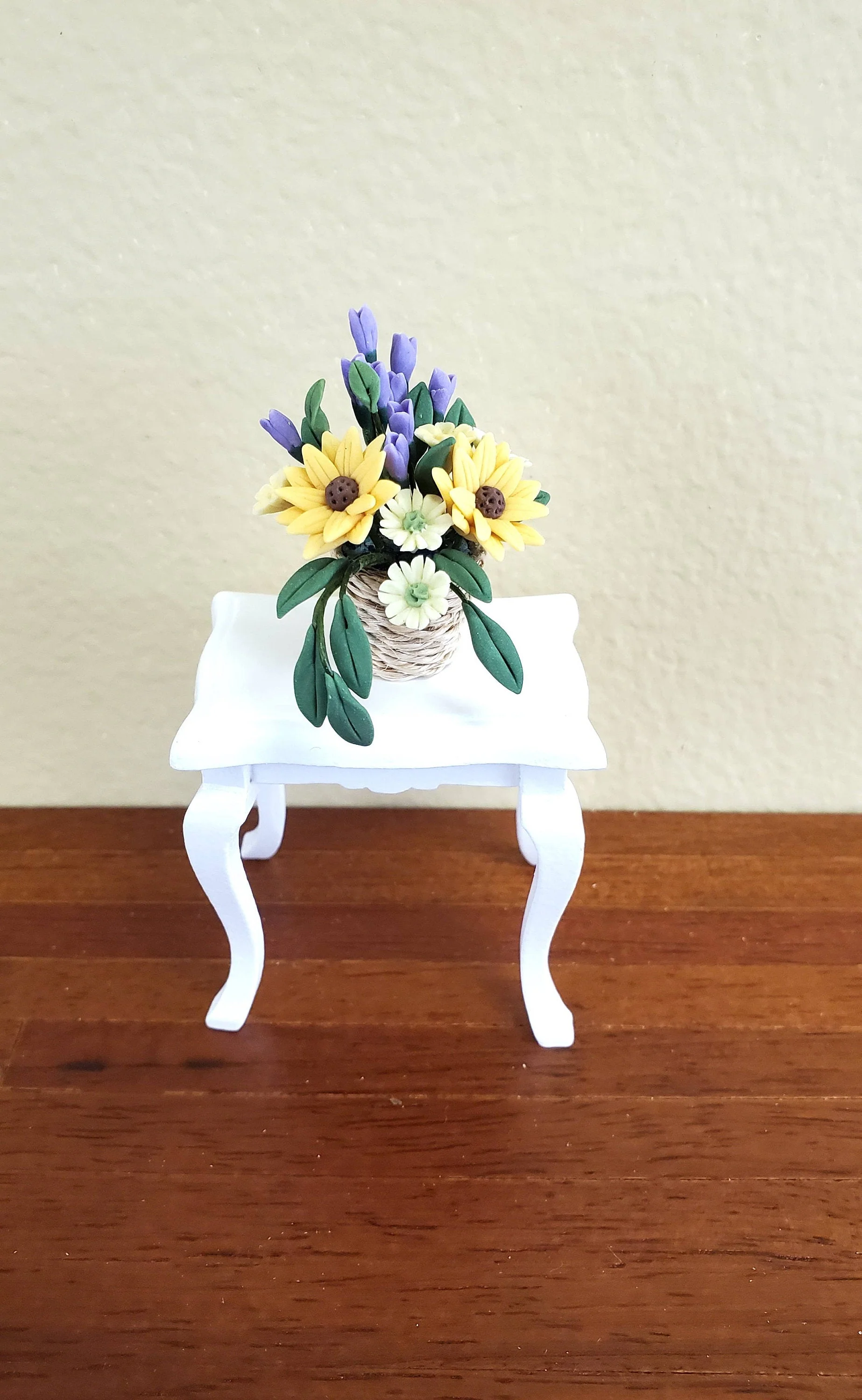 Dollhouse Miniature Flowers Yellow Daisies Purple Tulips in a Twine Basket 1:12 Scale - Image 2