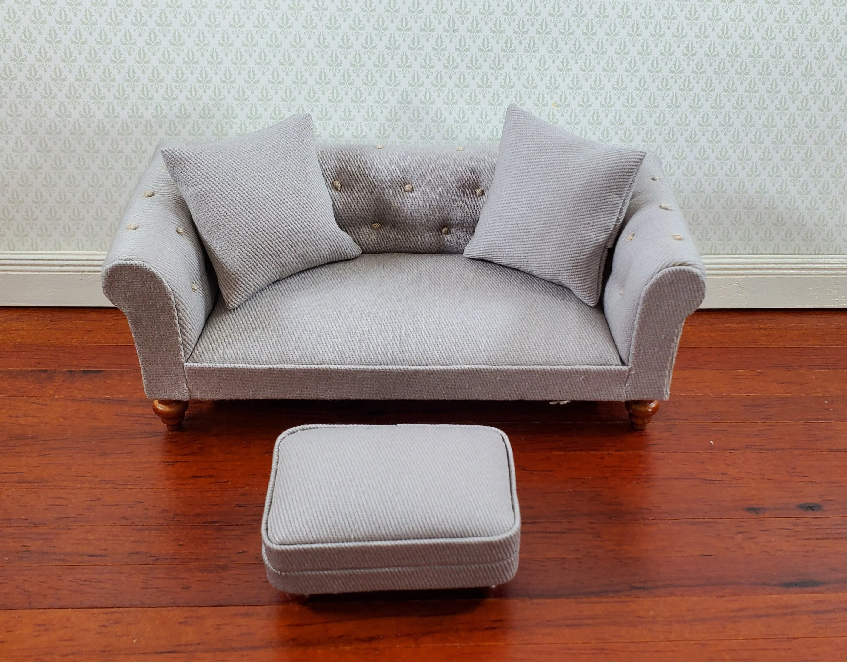Dollhouse Miniature Footstool Ottoman Gray Fabric 1:12 Scale Miniature Furniture - Image 3