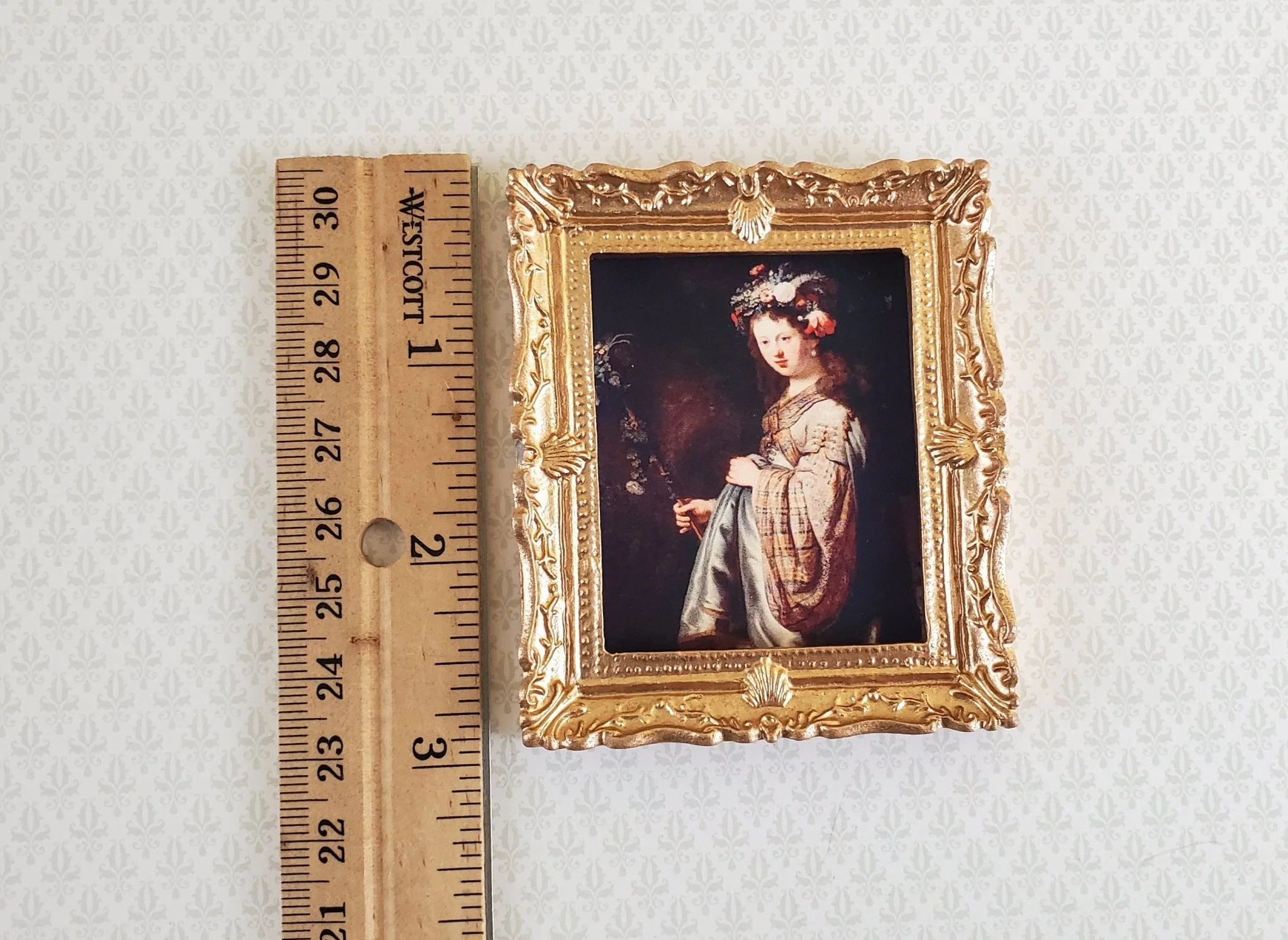 Dollhouse Miniature Framed Rembrandt Print "Flora" 1:12 Scale Woman with Flowers in her hair - Image 3