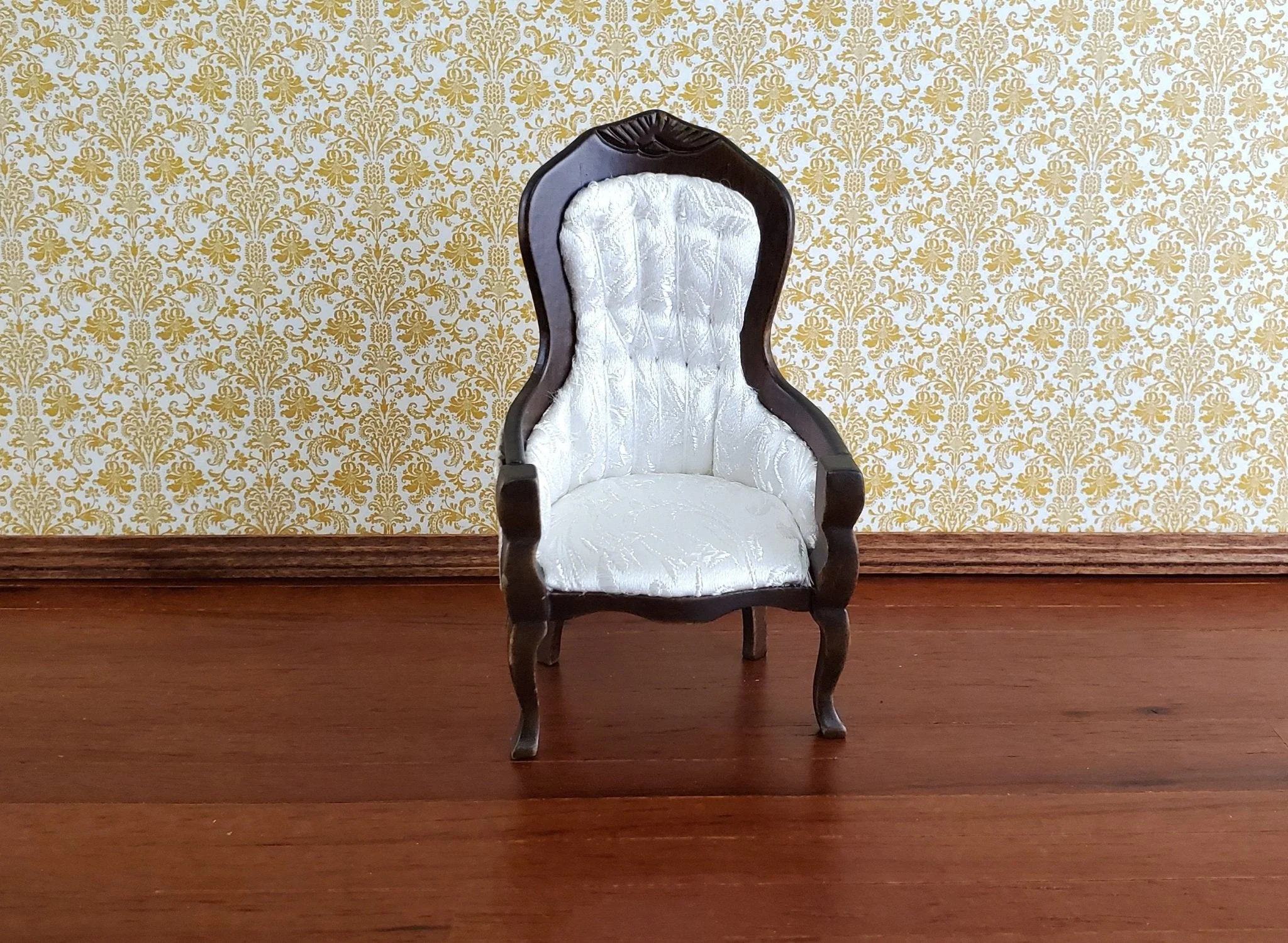 Dollhouse Miniature Gentlemen's Chair Victorian White Dark Walnut Finish 1:12 Scale Furniture - Image 2