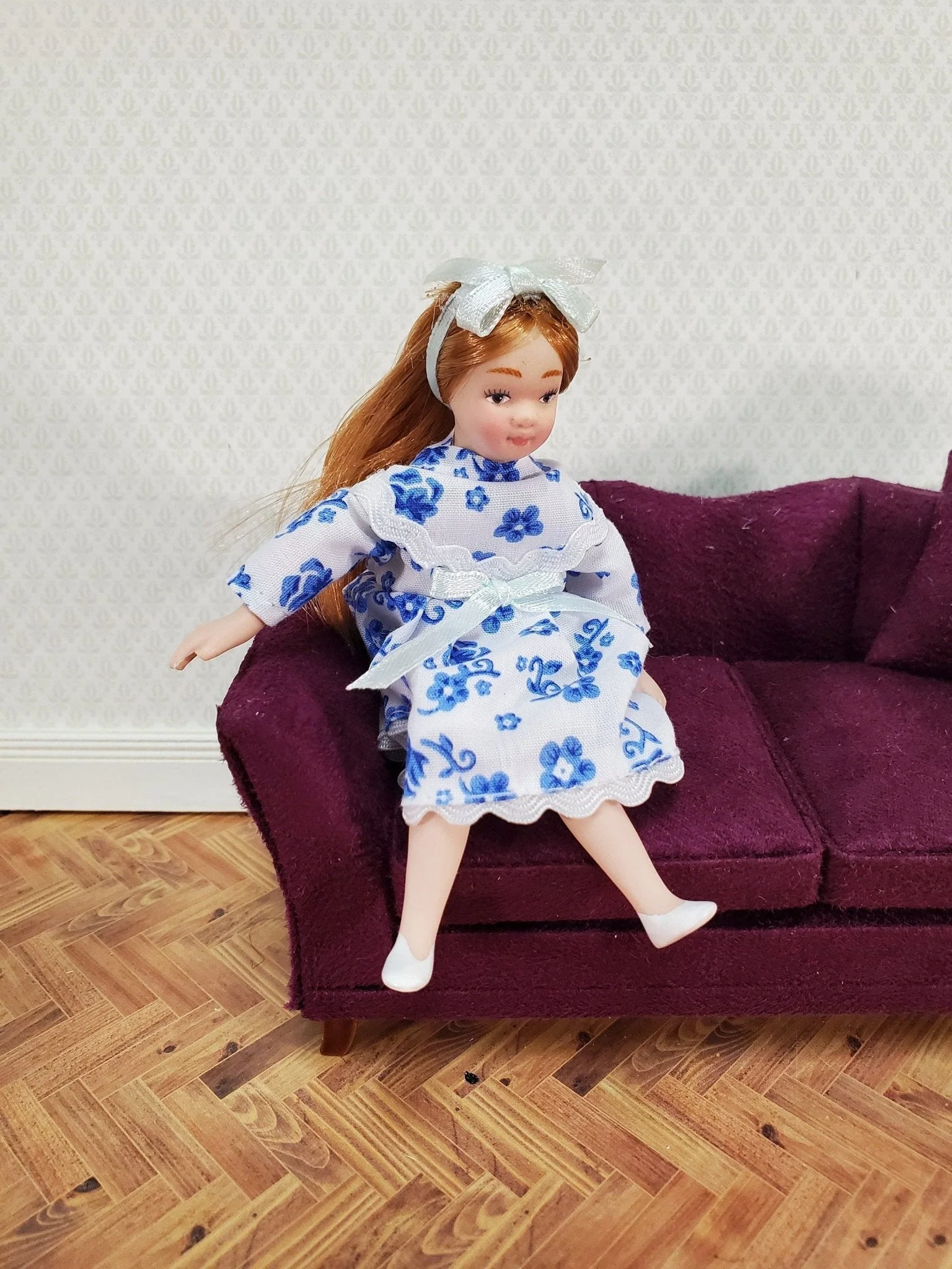 Dollhouse Miniature Girl Doll Long Hair Strawberry Blond Porcelain Poseable 1:12 Scale Blue & White Dress - Image 4