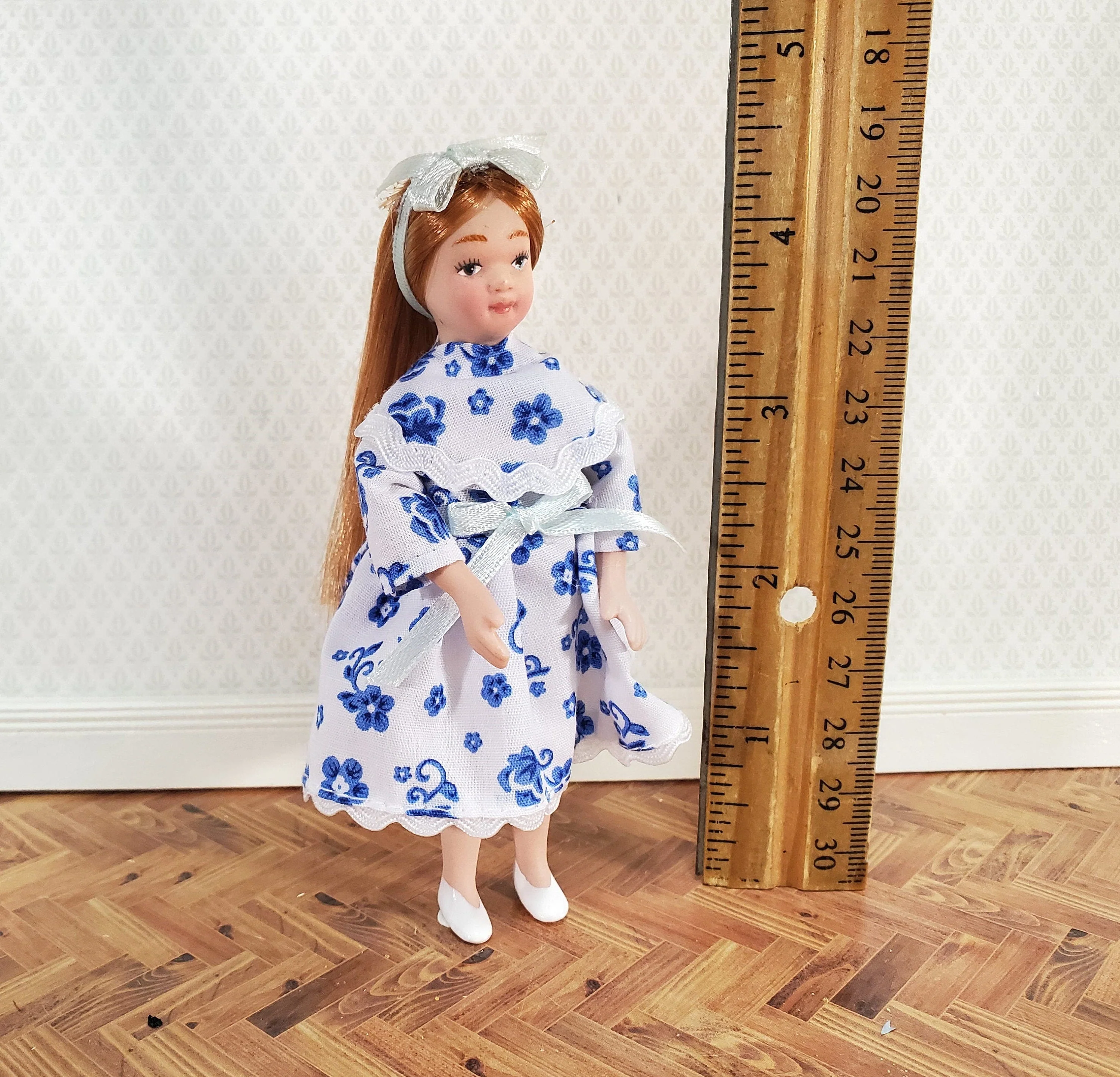 Dollhouse Miniature Girl Doll Long Hair Strawberry Blond Porcelain Poseable 1:12 Scale Blue & White Dress - Image 5