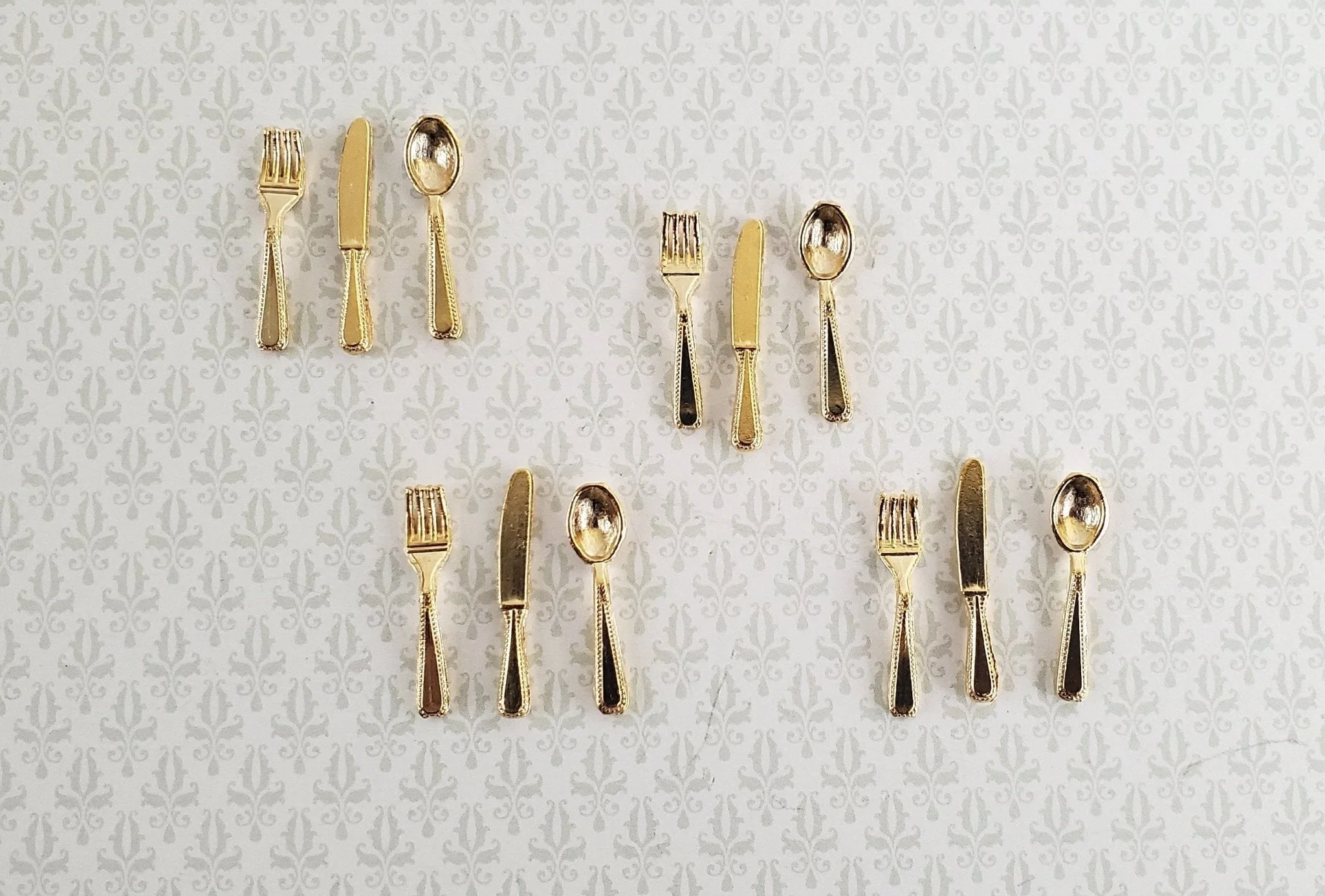 Dollhouse Miniature Gold Flatware Fork Spoon Knife 4 Place Settings 1:12 Scale