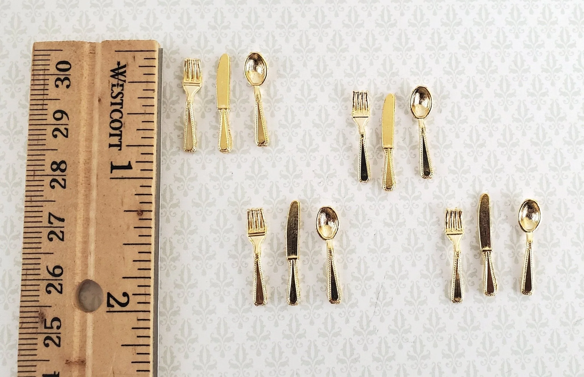 Dollhouse Miniature Gold Flatware Fork Spoon Knife 4 Place Settings 1:12 Scale - Image 2