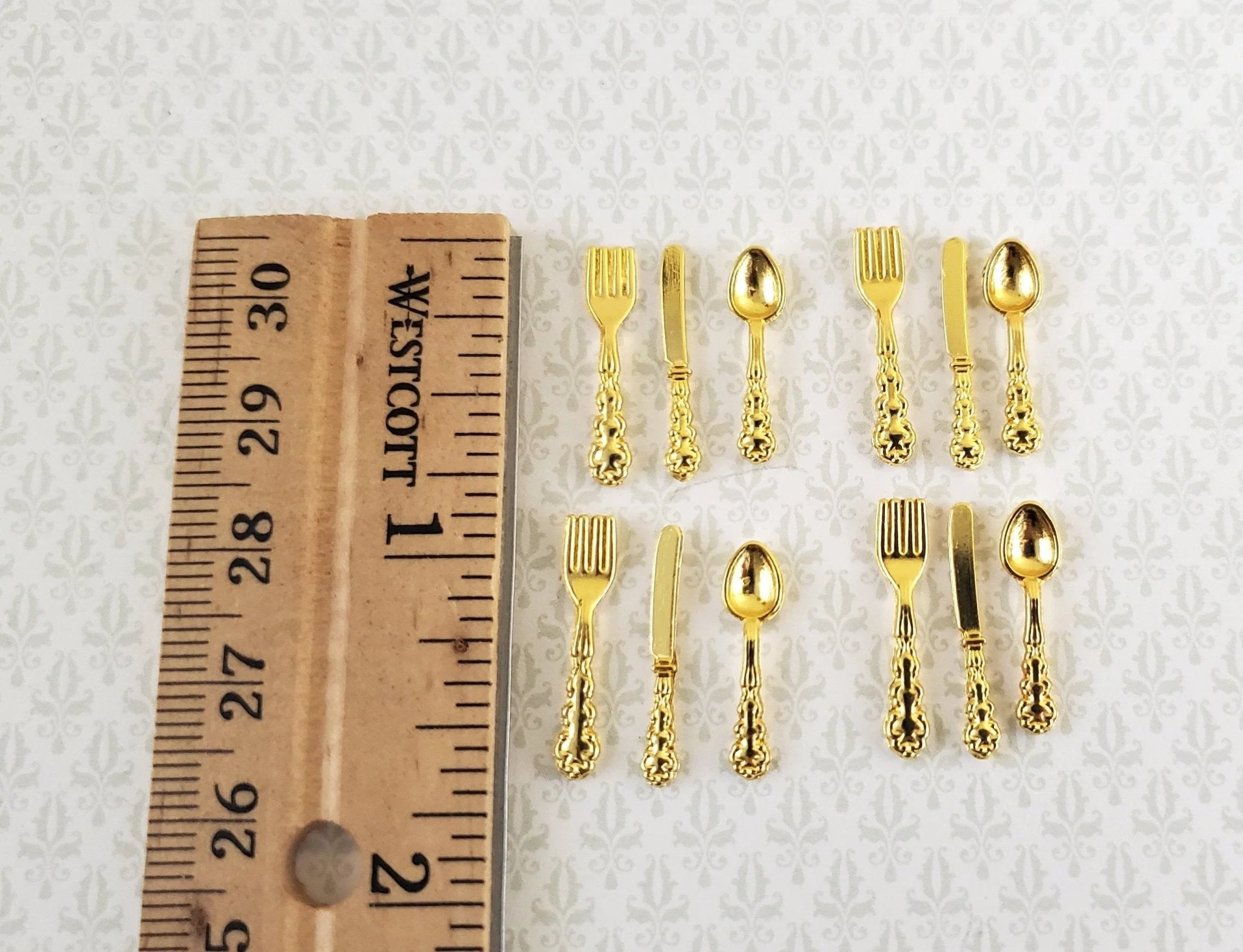 Dollhouse Miniature Gold Flatware Fork Spoon Knife Fancy 4 Place Settings 1:12 Scale - Image 2