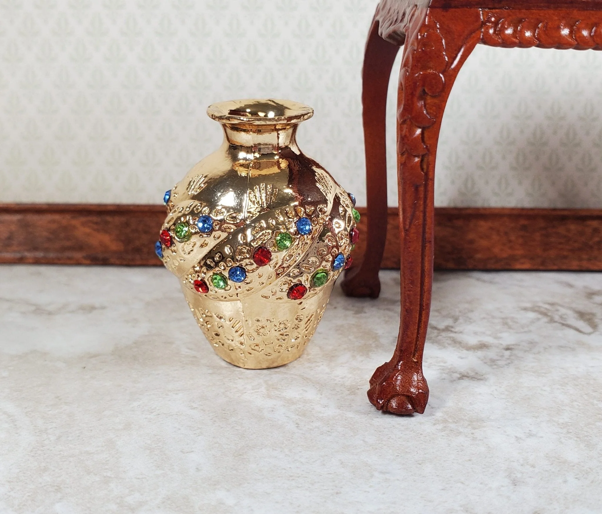 Dollhouse Gold Floor Vase Large Jewel Encrusted use 1:12 or 1/6 Scale Miniature - Image 3
