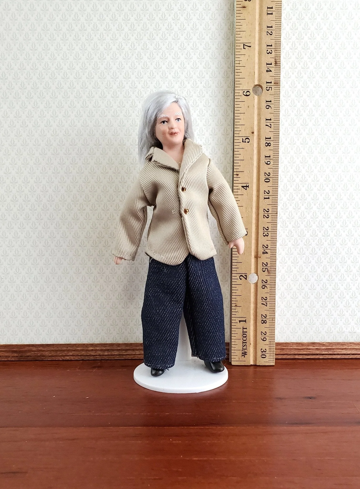 Dollhouse Miniature Grandma Porcelain Doll Modern Style with Jeans 1:12 Scale - Image 4