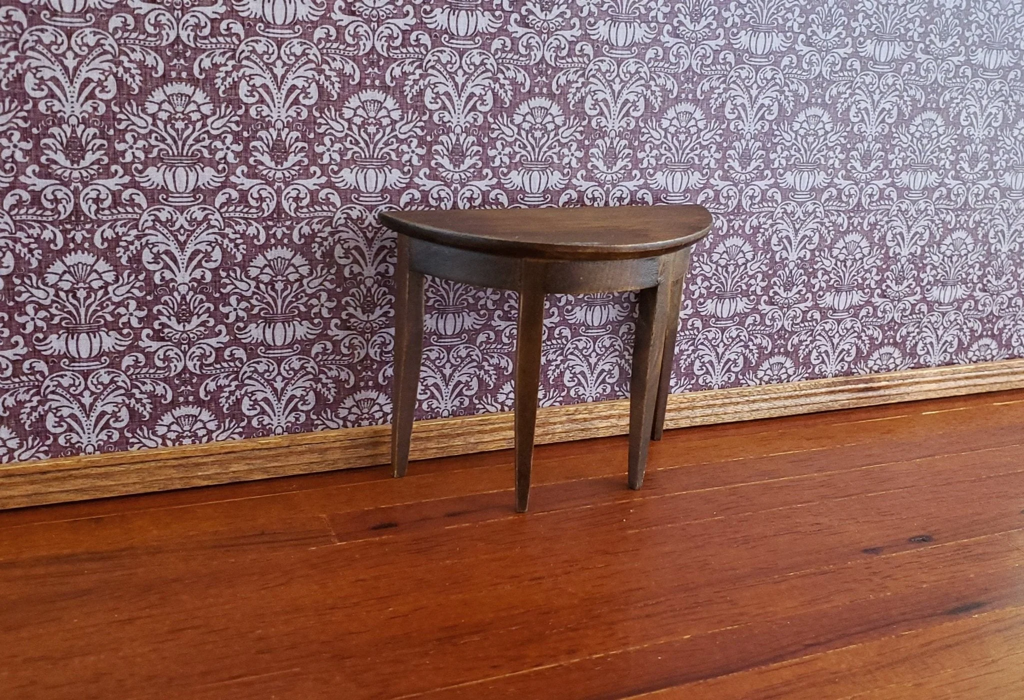 Dollhouse Miniature Half Round Hall Table 1:12 Scale Furniture Walnut Finish