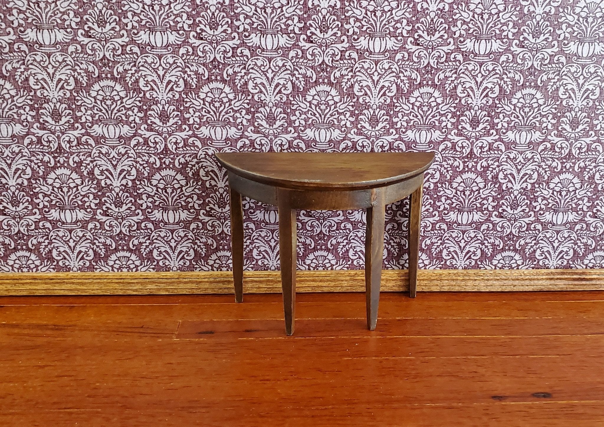 Dollhouse Miniature Half Round Hall Table 1:12 Scale Furniture Walnut Finish - Image 2