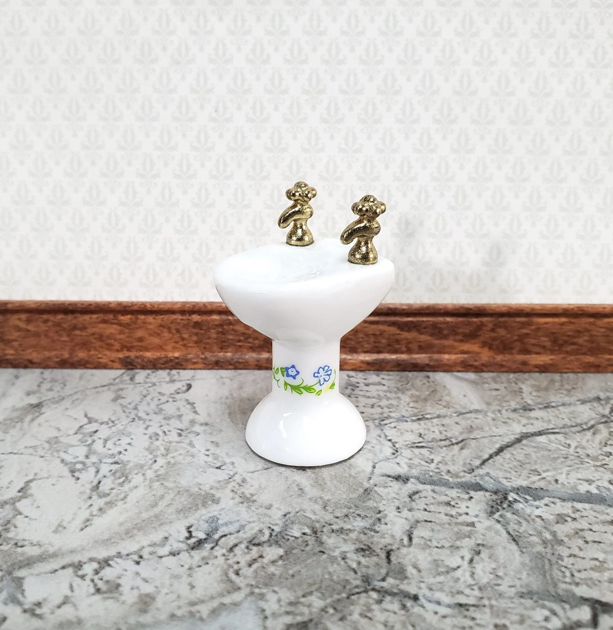 Dollhouse Miniature Half Scale Bathroom Sink White with Floral Decal 1:24 Scale