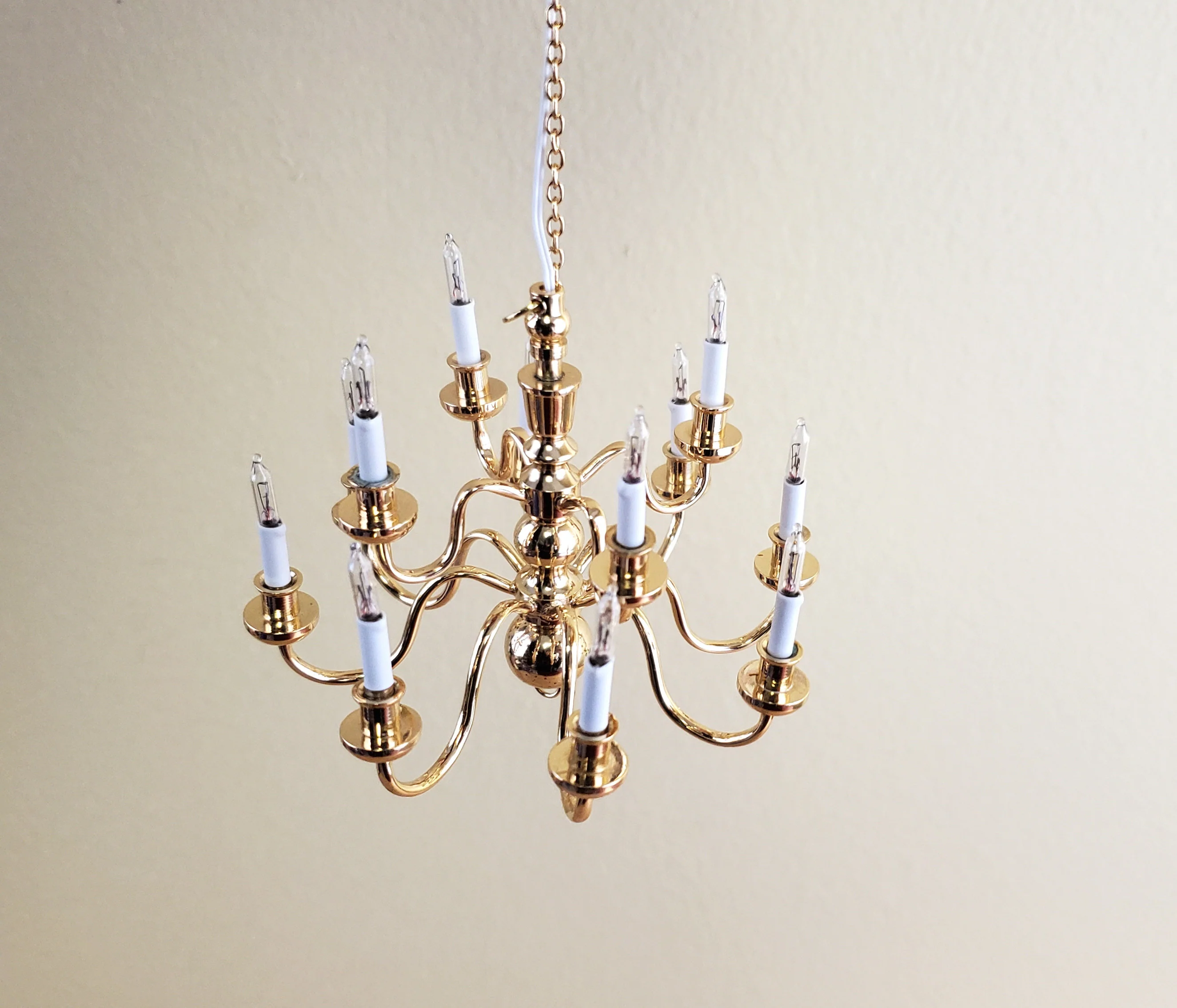 Dollhouse Miniature Hanging Chandelier Large 12 Arm Candle 12 Volt Electric GOLD 1:12 or 1/6 Scale - Image 3