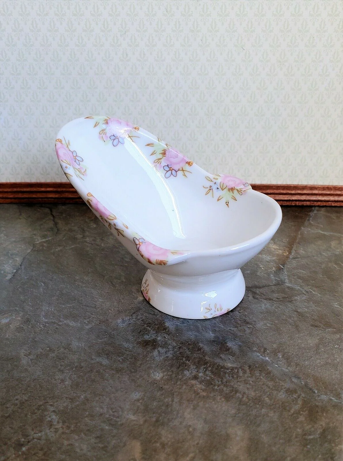 Dollhouse Miniature Hip Bathtub Ceramic Tub Small Pink Floral Design 1:12 Scale