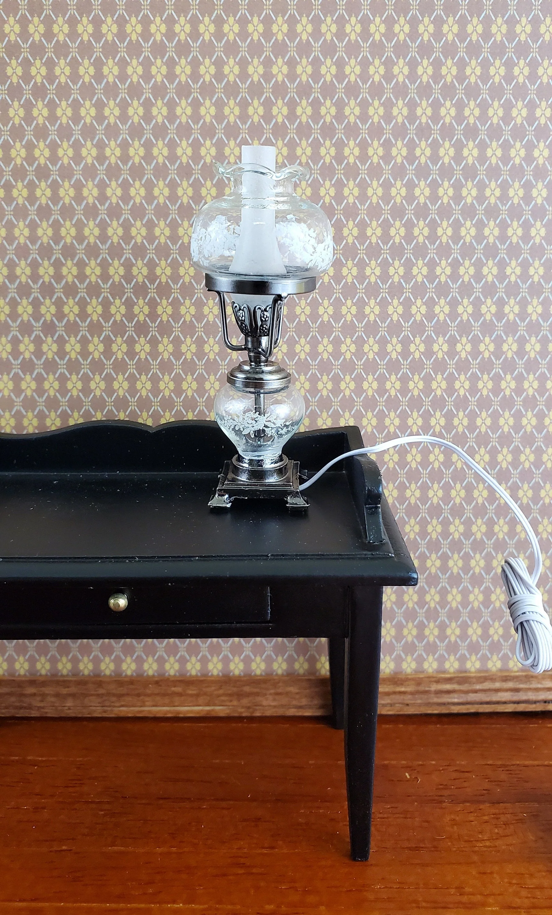 Dollhouse Hurricane Oil Lamp 12 Volt Light w/ Plug 1:12 Scale Vintage Style Pewter Finish - Image 2