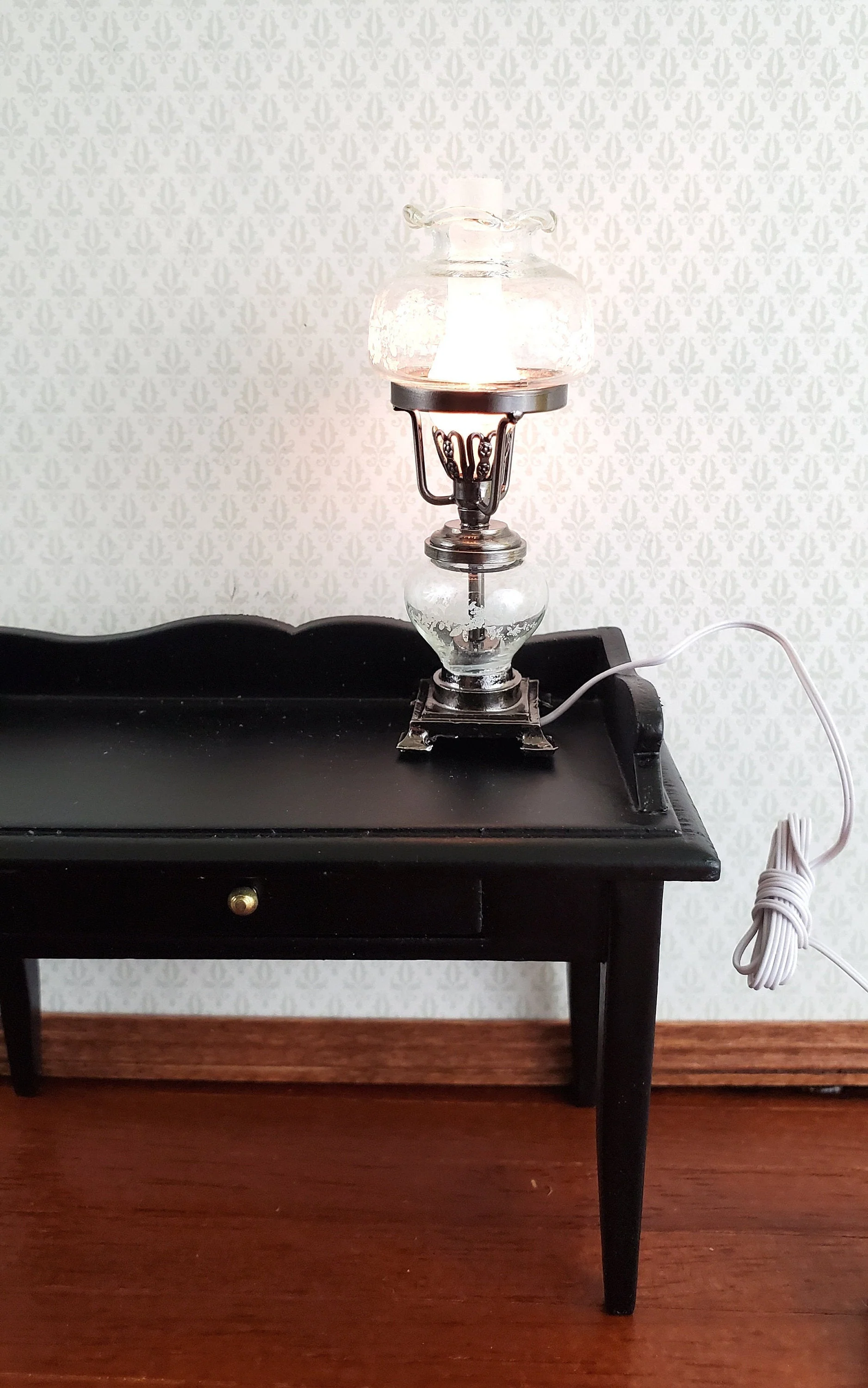 Dollhouse Hurricane Oil Lamp 12 Volt Light w/ Plug 1:12 Scale Vintage Style Pewter Finish - Image 3