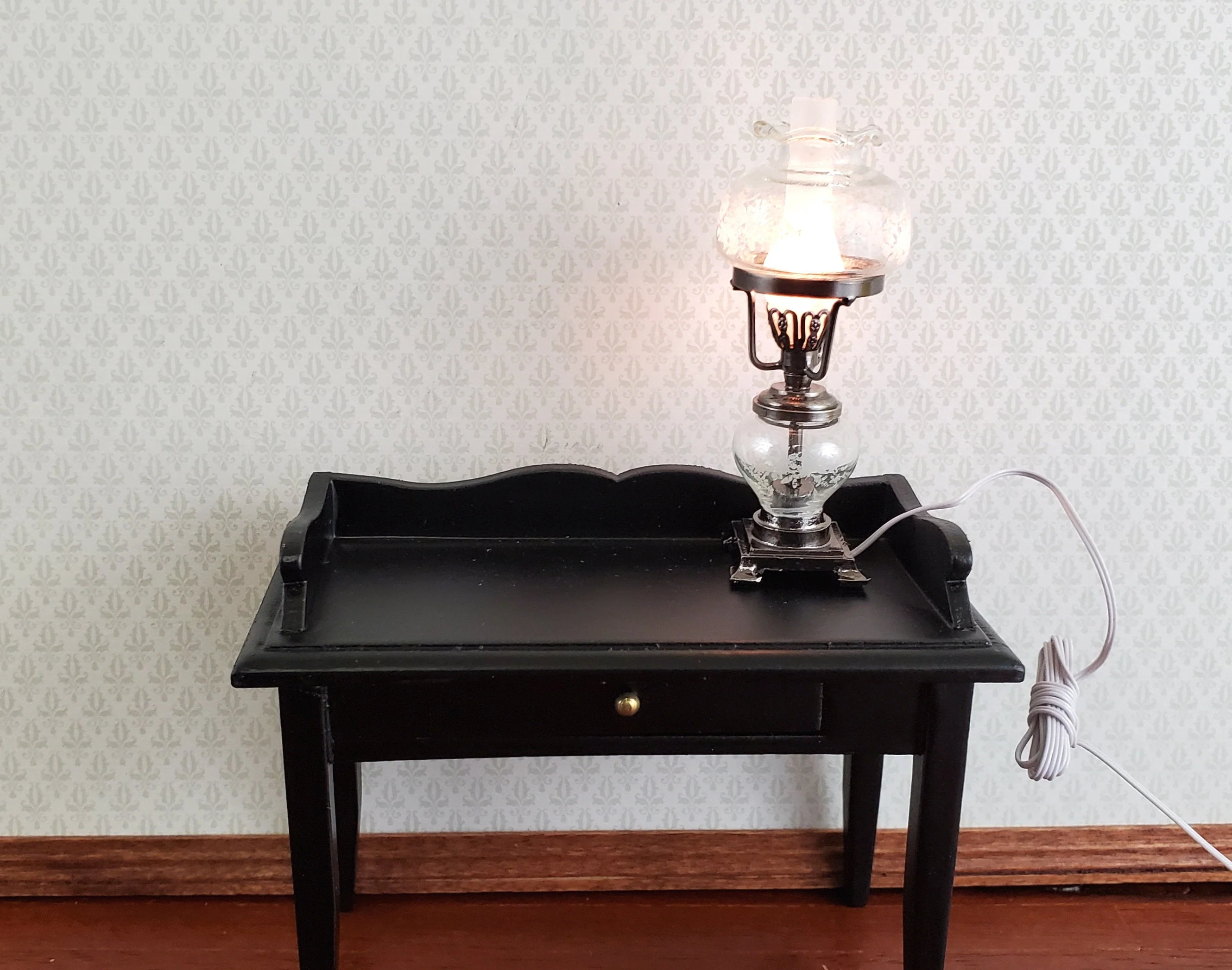 Dollhouse Hurricane Oil Lamp 12 Volt Light w/ Plug 1:12 Scale Vintage Style Pewter Finish - Image 4
