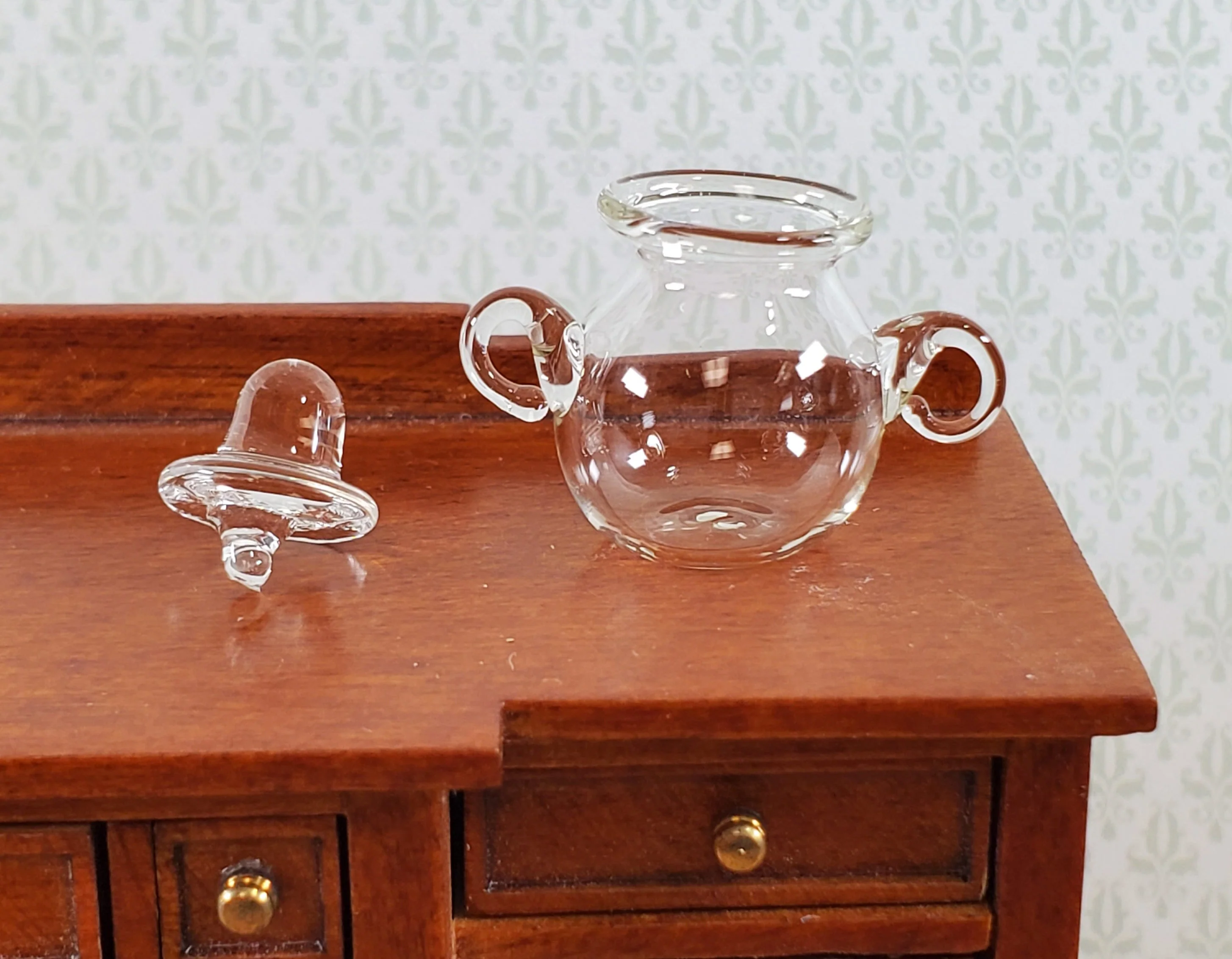 Dollhouse Miniature Jar for Candy or Sugar Handles and Top Clear Glass Pot Belly - Image 2