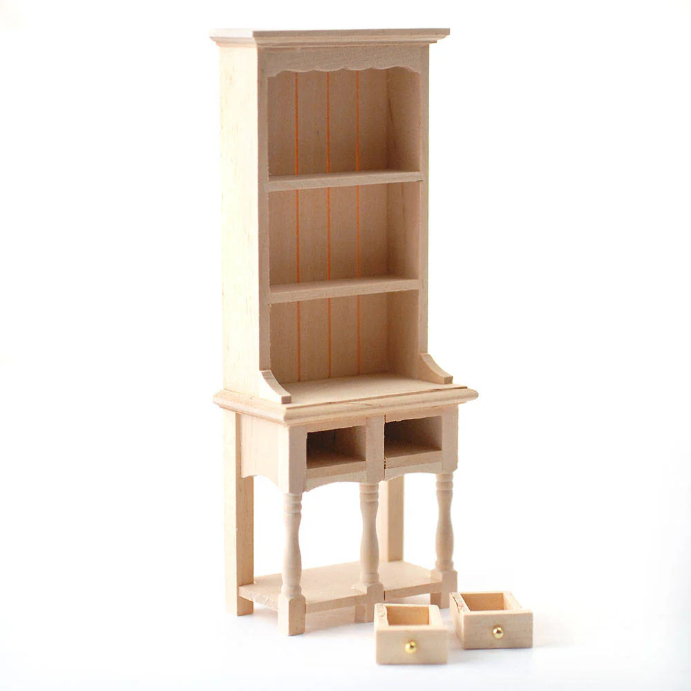 Dollhouse Kitchen Hutch with Pot Shelf 2 Drawer 1:12 Scale Furniture Unpainted - Image 2