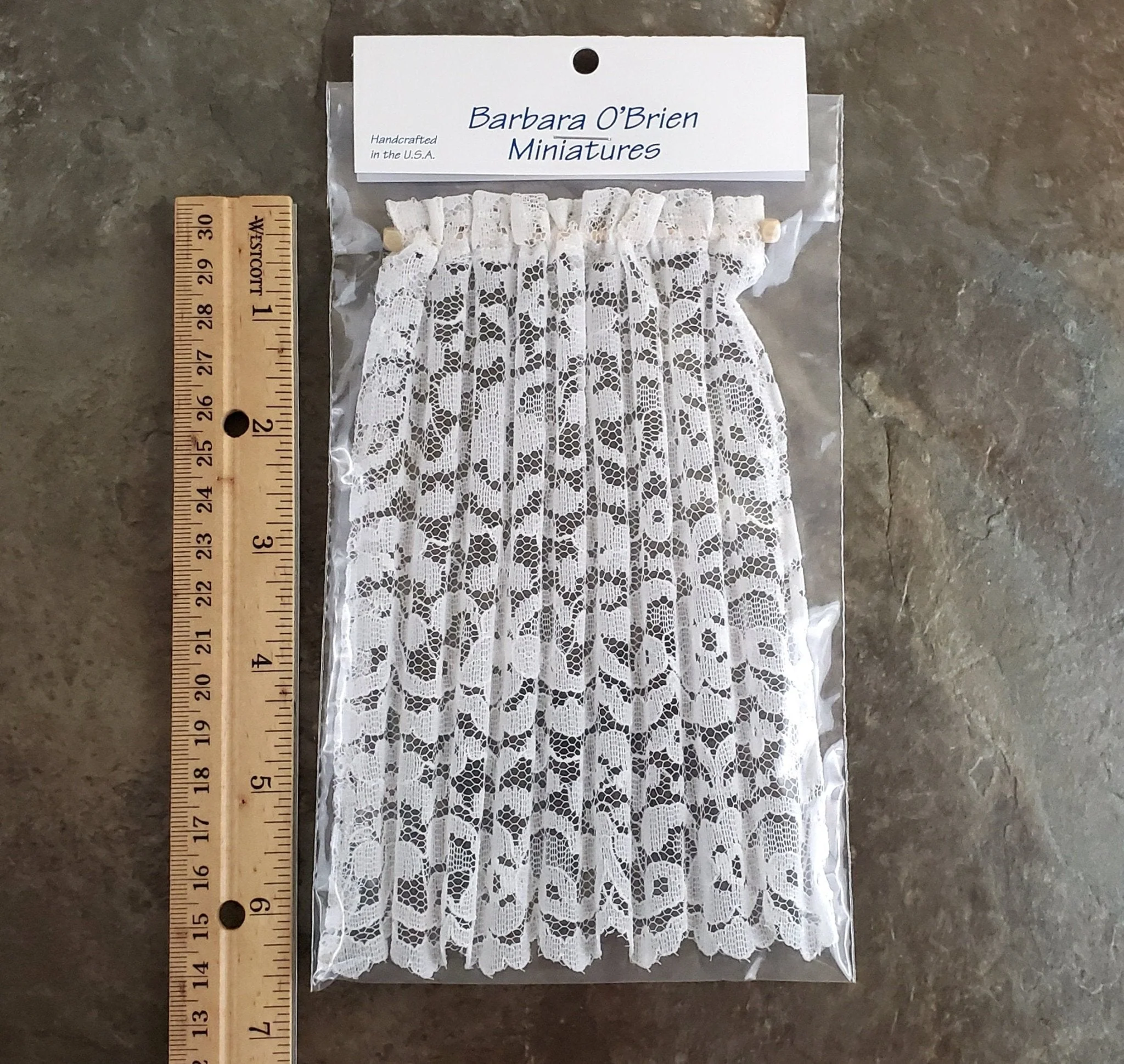 Dollhouse Miniature Lace Curtains White with Curtain Rod 1:12 Scale 6 1/2" Long - Image 2