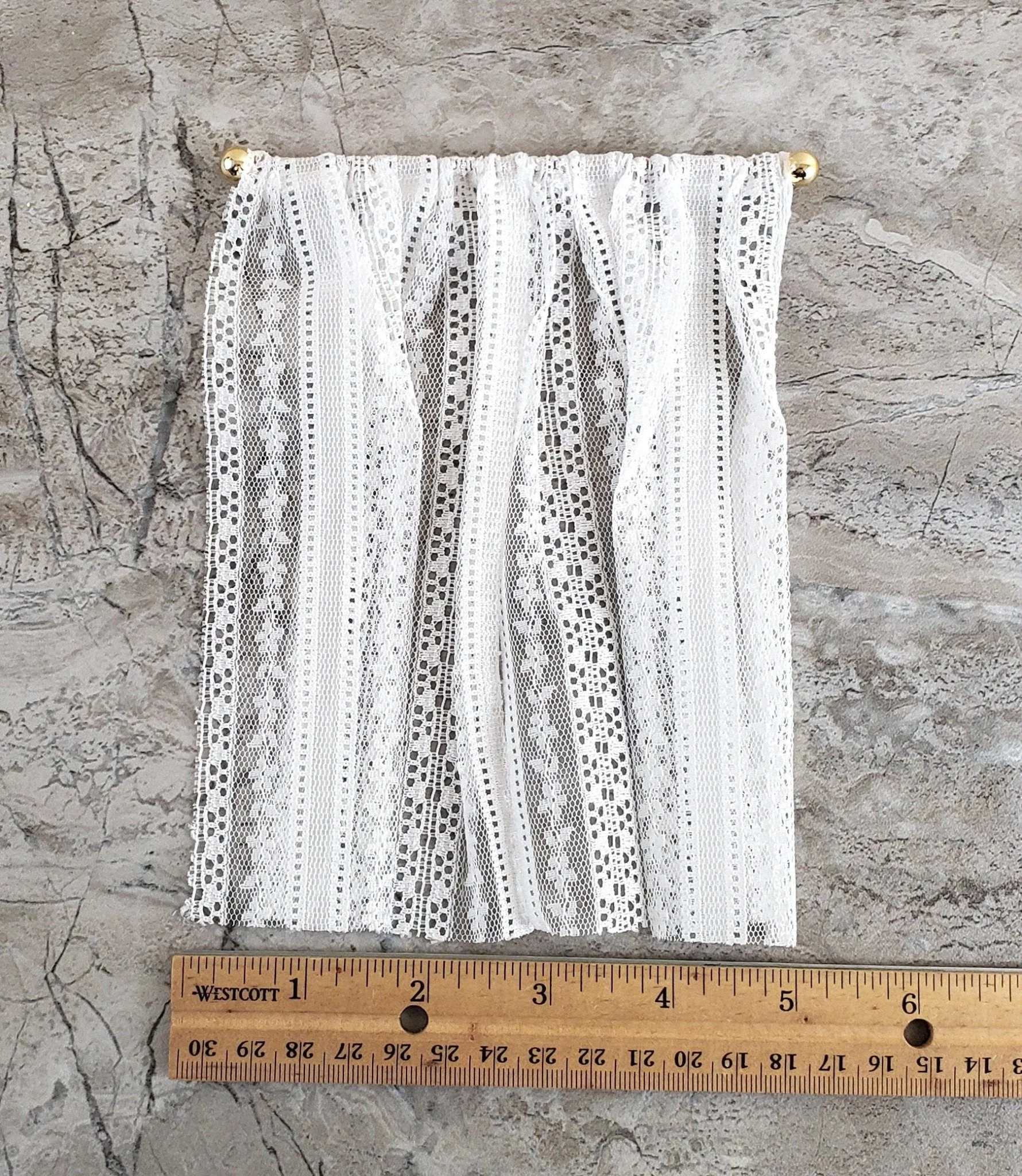 Dollhouse Miniature Lace Curtains White with Gold Curtain Rod 1:12 Scale 6 1/2" Long - Image 3