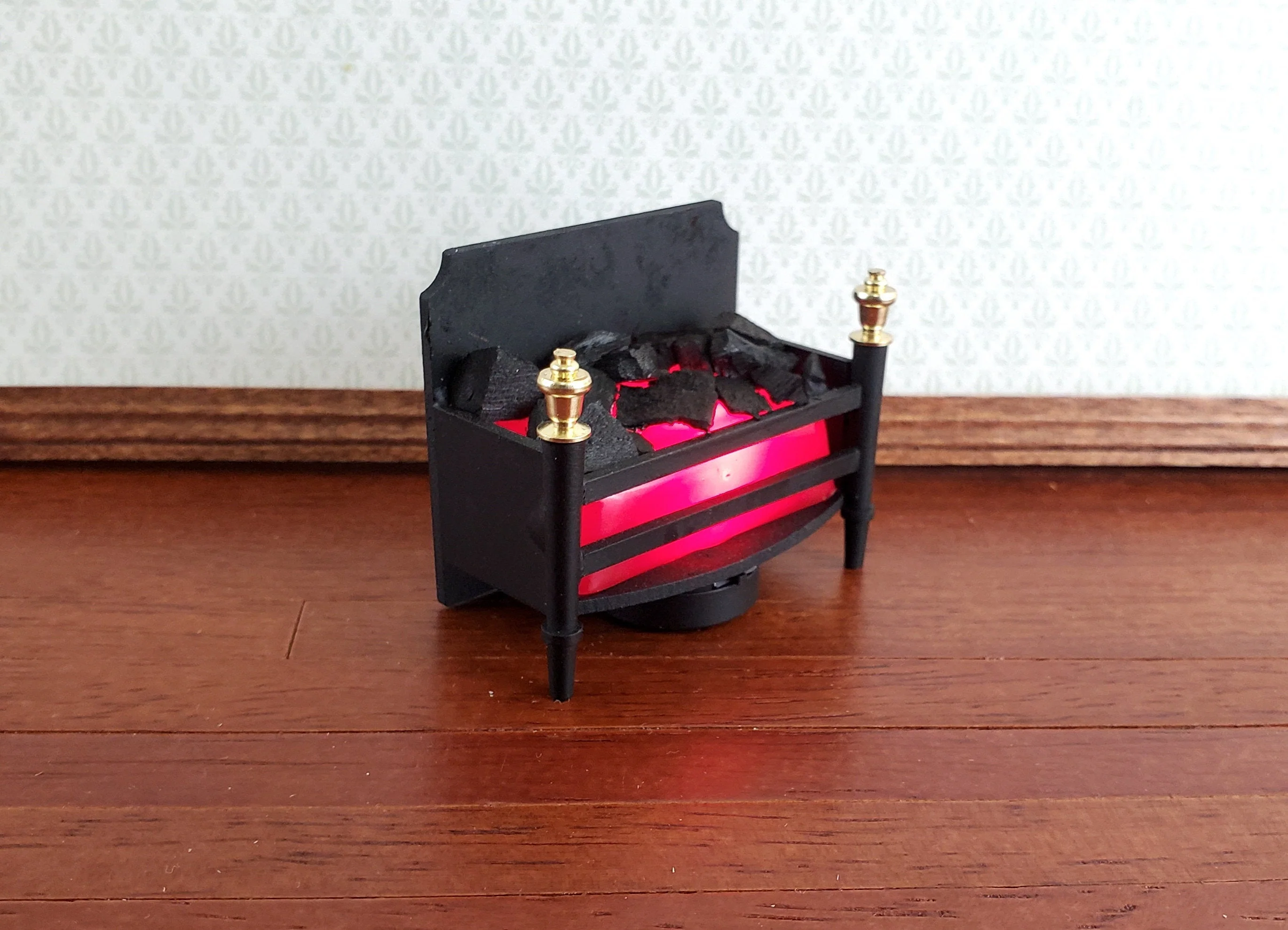 Dollhouse Miniature Battery Lit Fire Basket Fireplace Insert Coals 1:12 Scale - Image 2