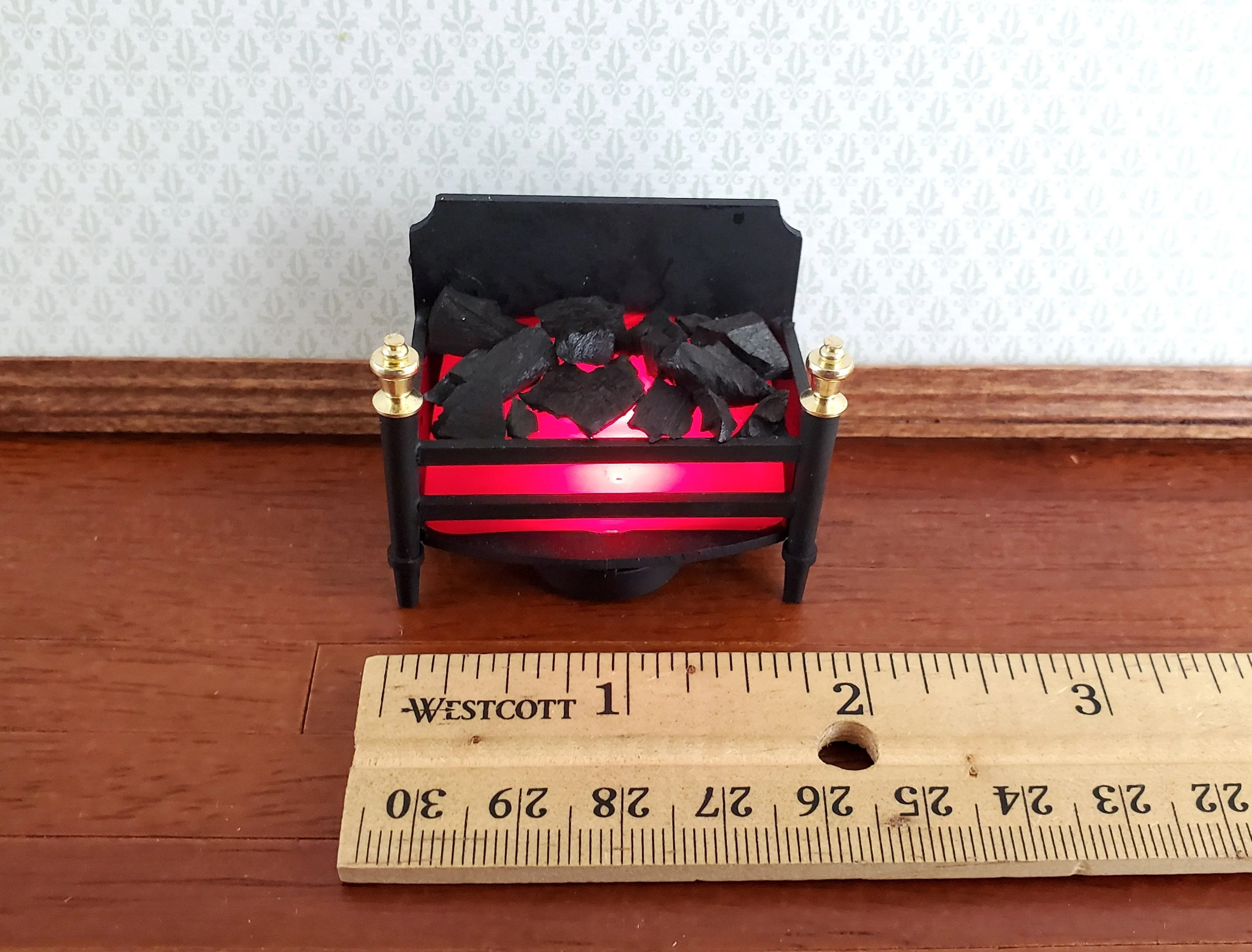 Dollhouse Miniature Battery Lit Fire Basket Fireplace Insert Coals 1:12 Scale - Image 3