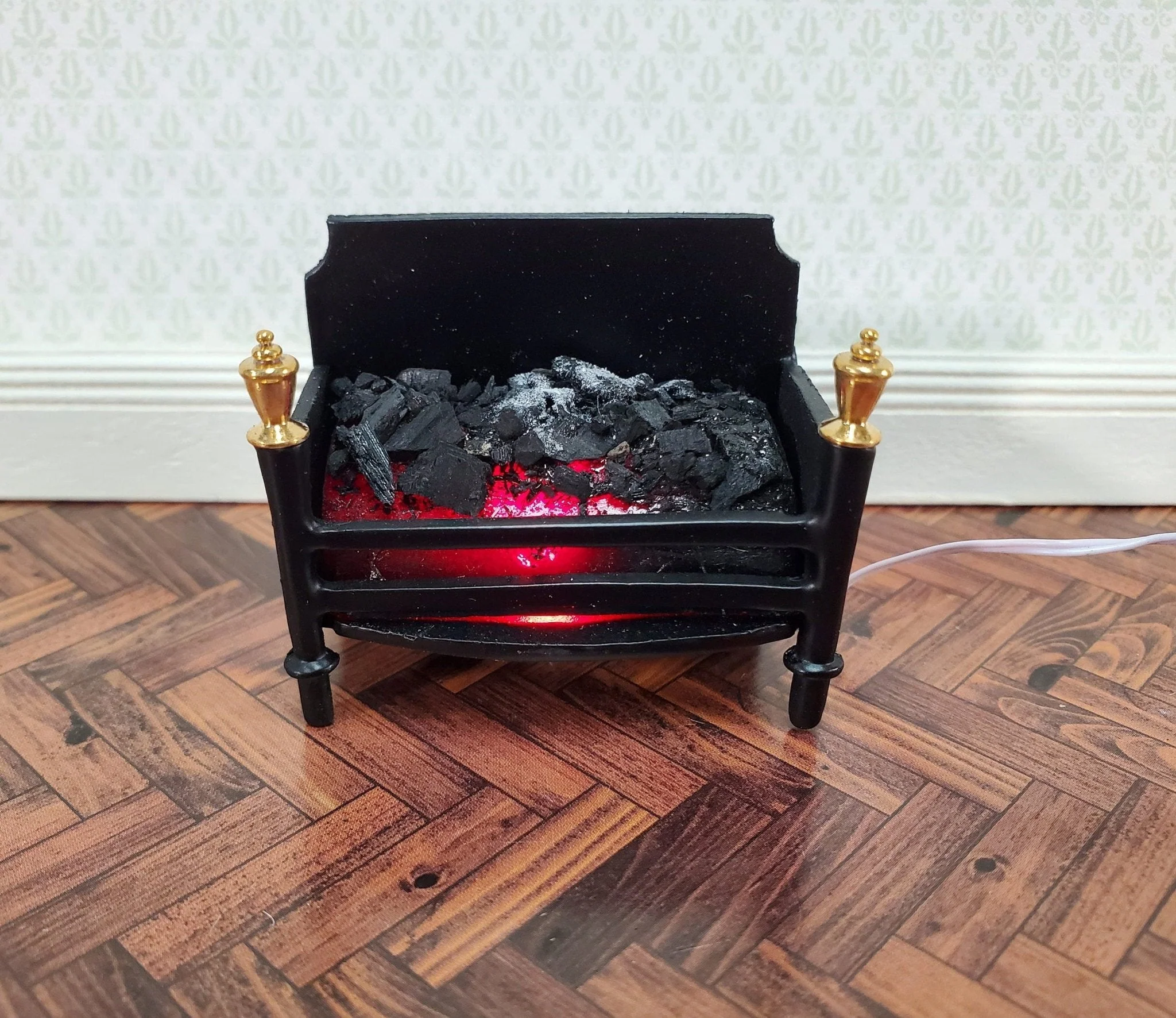 Dollhouse Miniature Lit Fire Basket Fireplace Insert Coals 1:12 Scale 12 Volt with Plug - Image 3