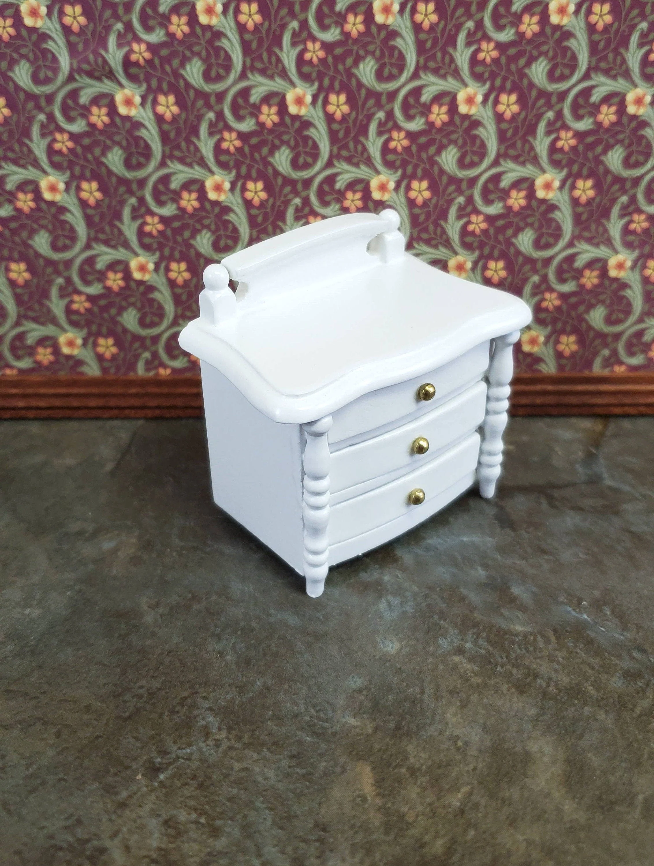 Dollhouse Miniature Night Stand Side Table 3 Drawers 1:12 Scale White Wood - Image 2