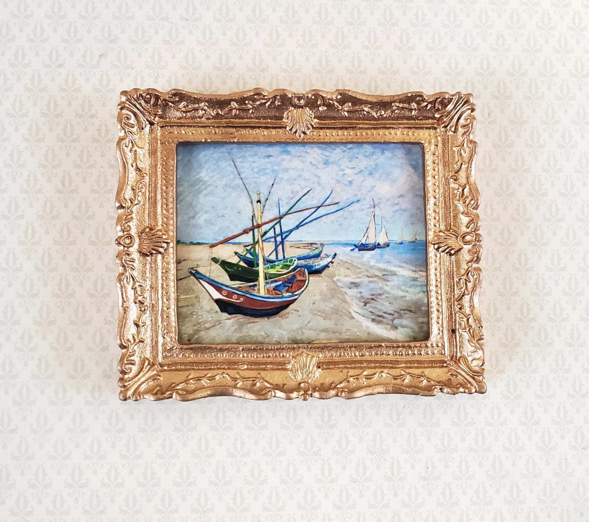 Dollhouse Miniature Painting Vincent Van Gogh Fishing Boats Framed Print 1:12 Scale