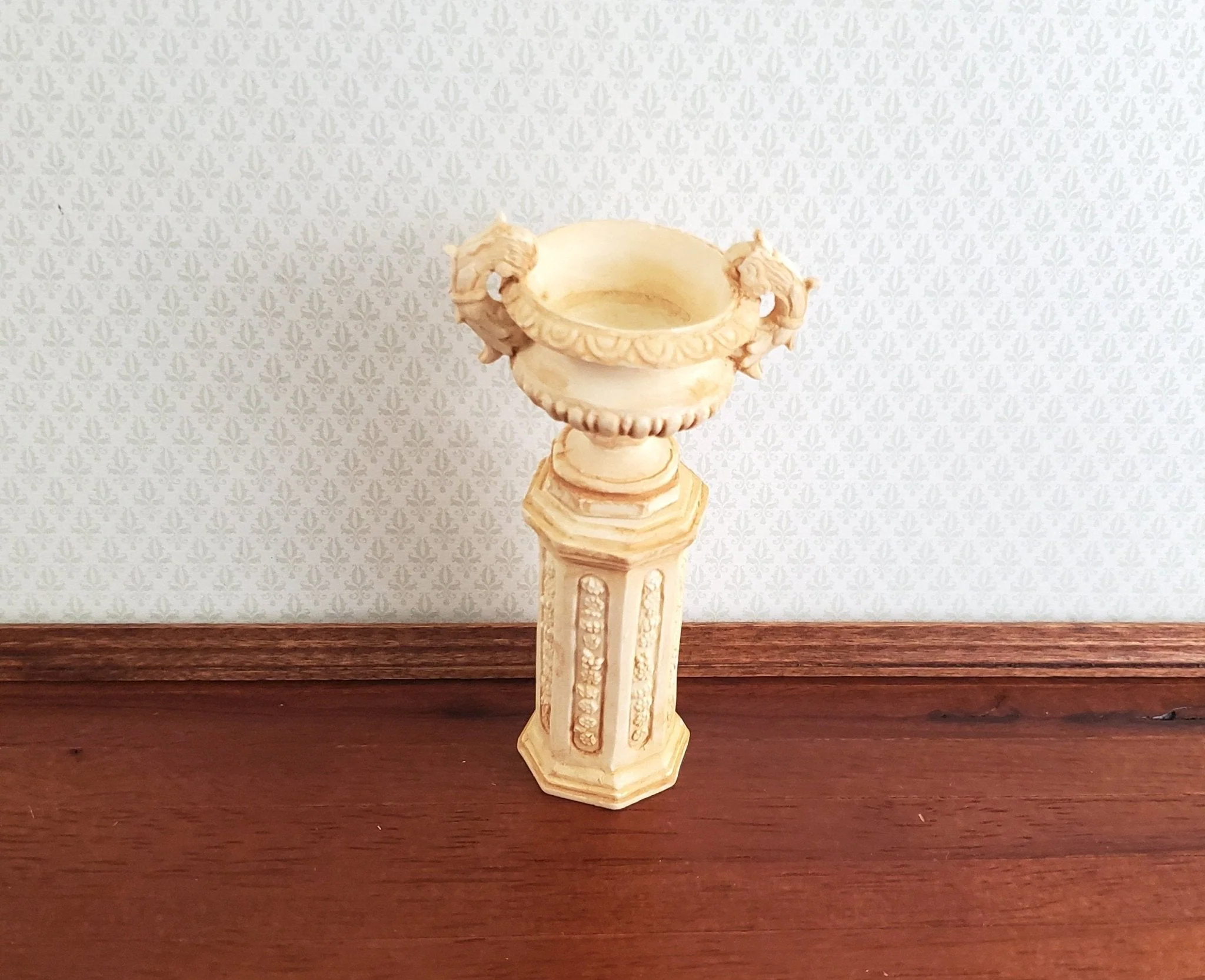 Dollhouse Miniature Pedestal Plant Stand w/ 2 Handled Urn Cast Resin 1:12 Scale Aged Tan - Image 2