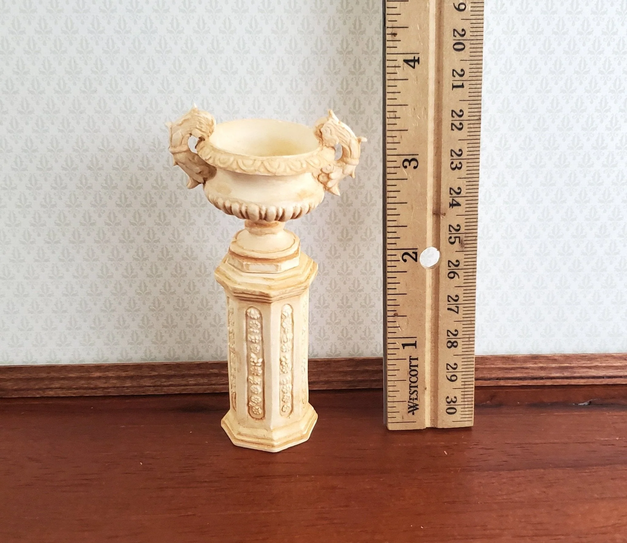 Dollhouse Miniature Pedestal Plant Stand w/ 2 Handled Urn Cast Resin 1:12 Scale Aged Tan - Image 3