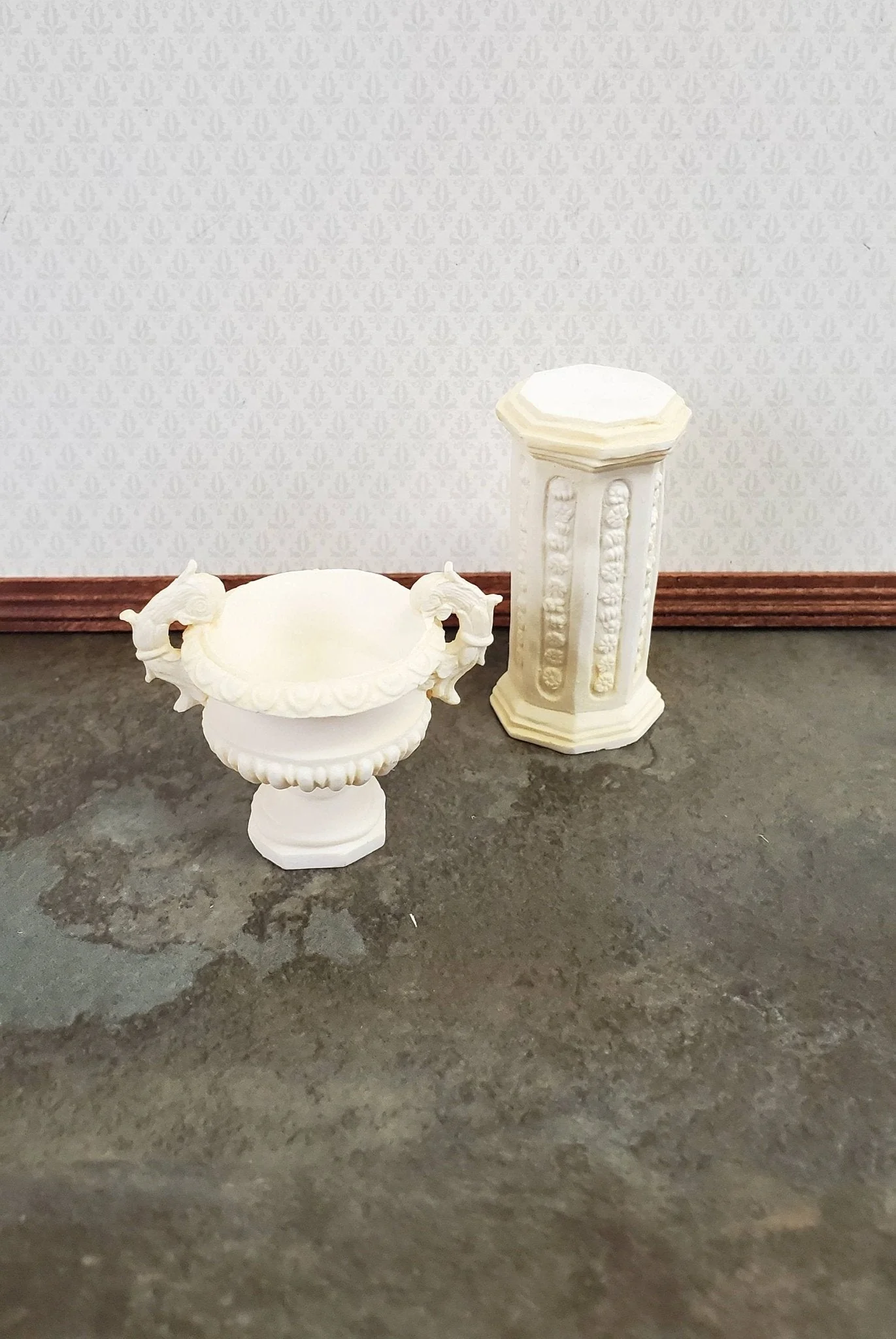 Dollhouse Miniature Pedestal Plant Stand w/ 2 Handled Urn Cast Resin 1:12 Scale Ivory - Image 4