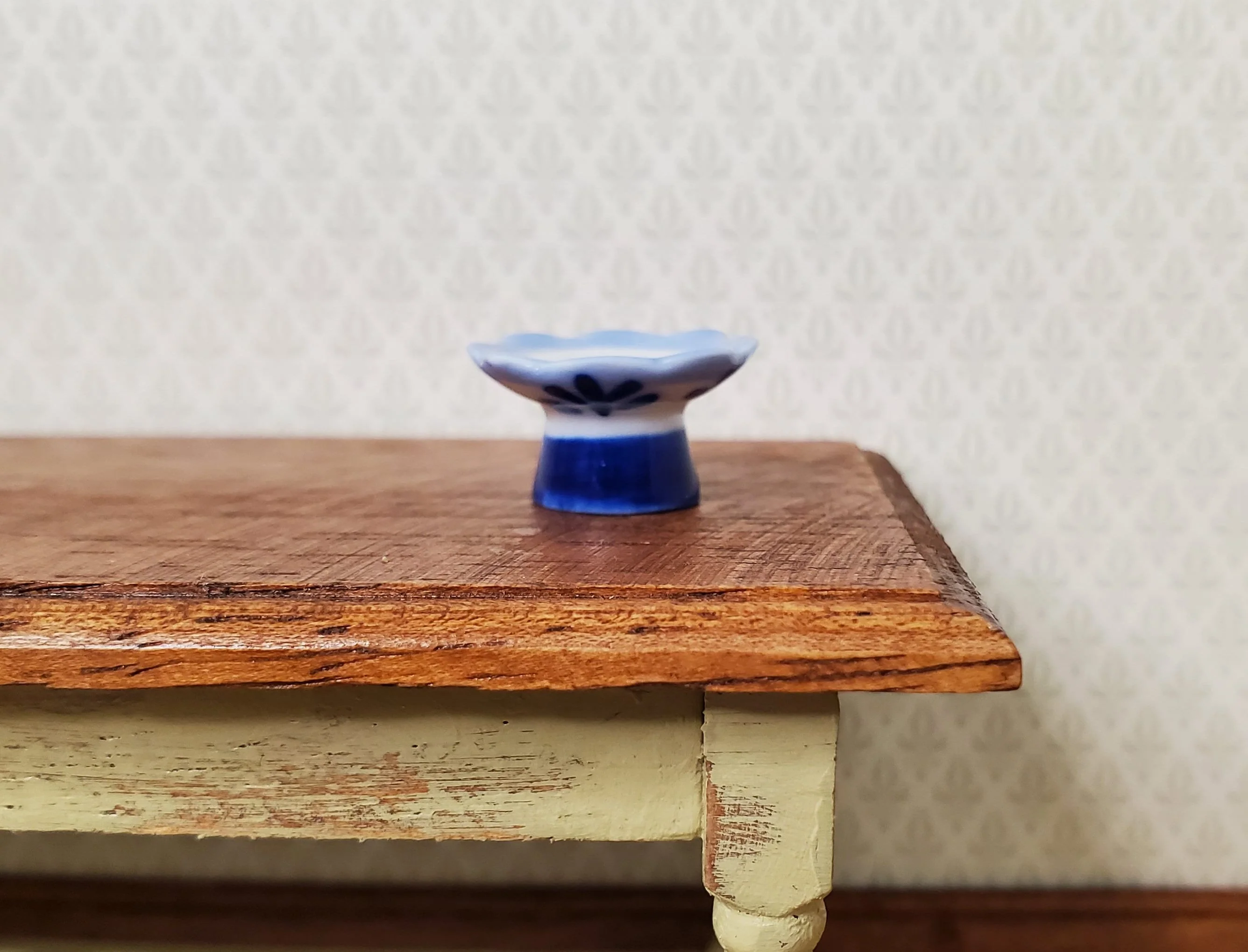 Dollhouse Miniature Pedestal Serving Bowl Blue & White Ceramic 1:12 Scale Decor