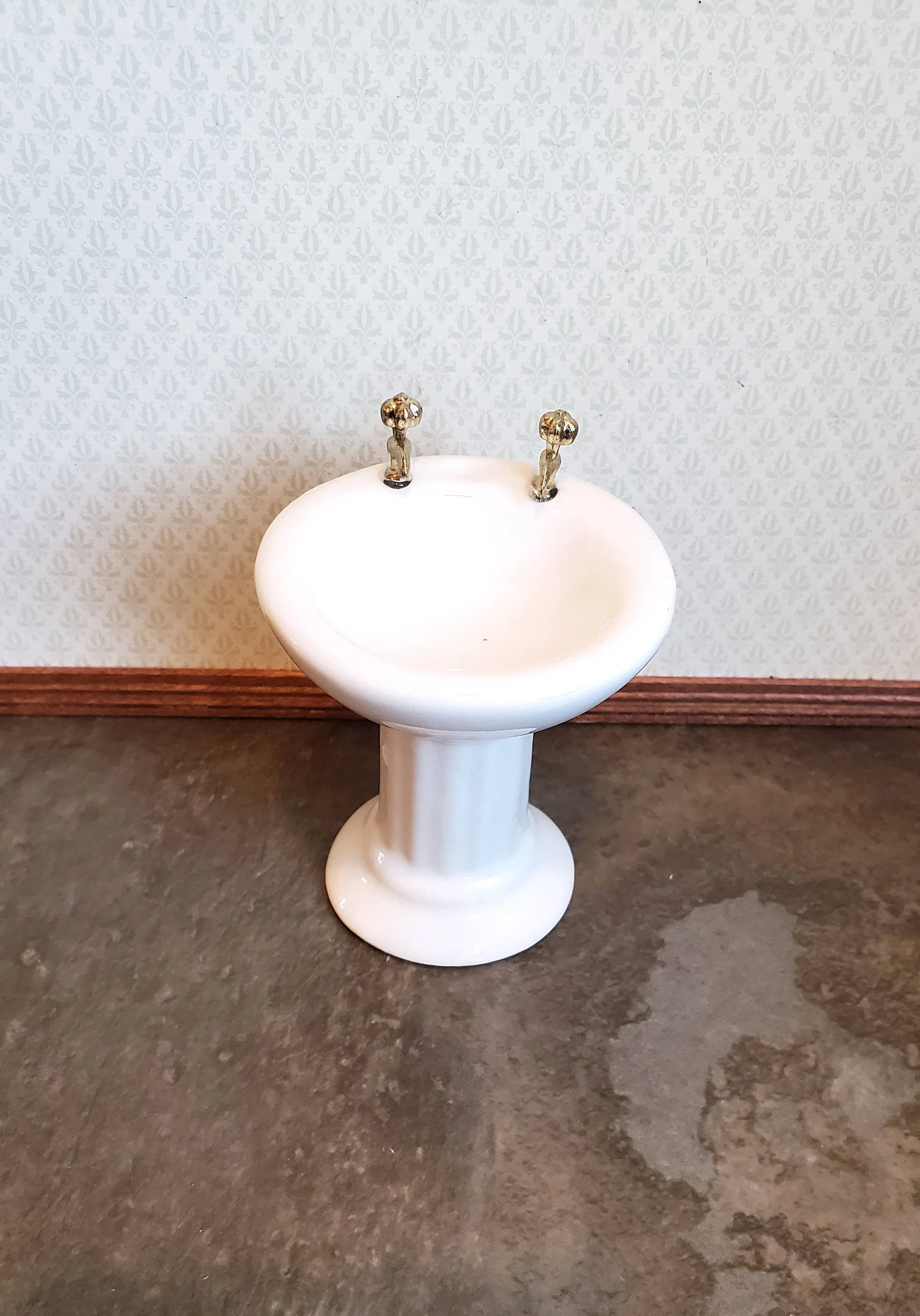 Dollhouse Miniature Pedestal Sink Bathroom White Ceramic Gold Handles 1:12 Scale - Image 3