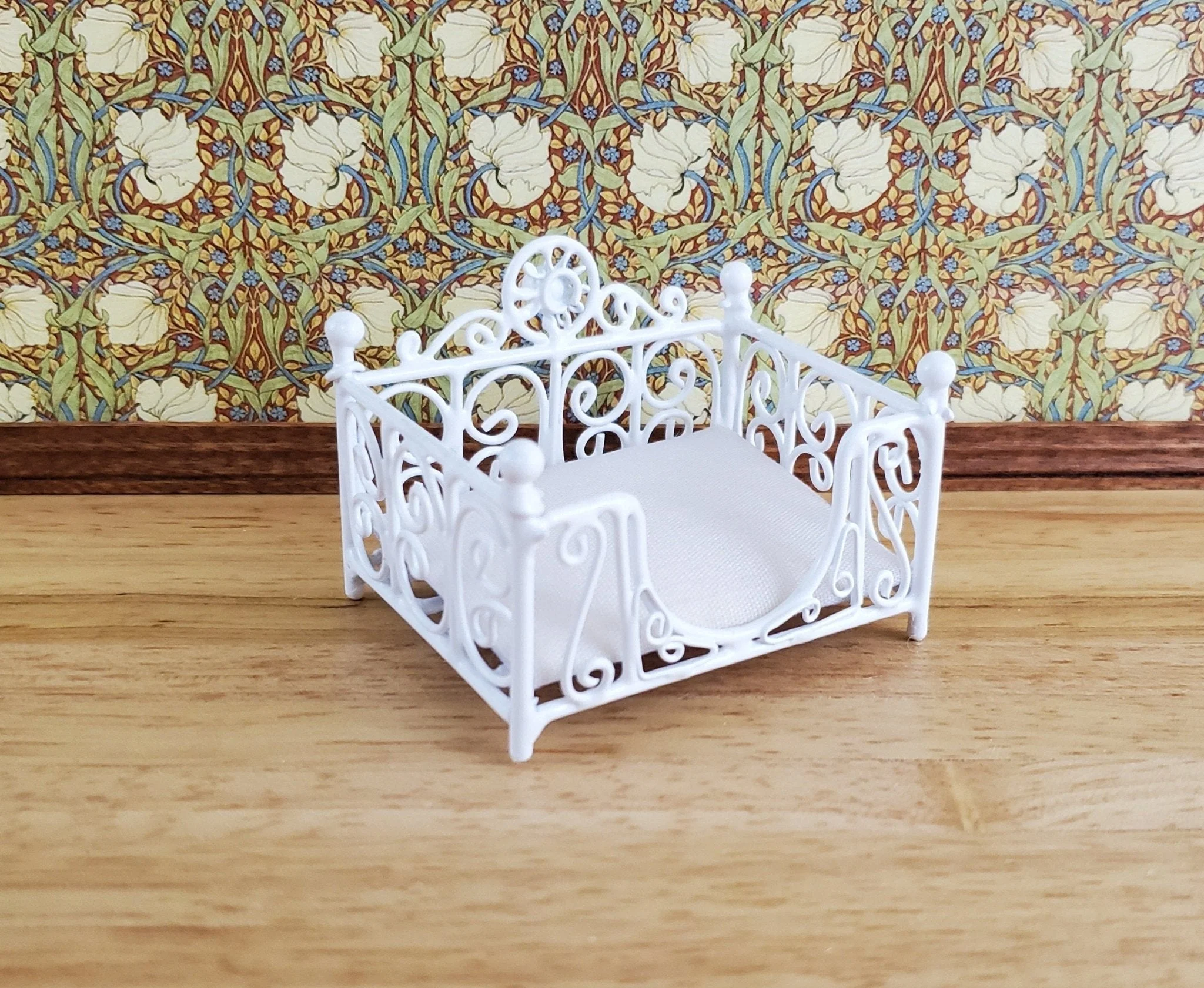 Dollhouse Miniature Pet Bed Cat or Small Dog with Mattress 1:12 Scale White Wire