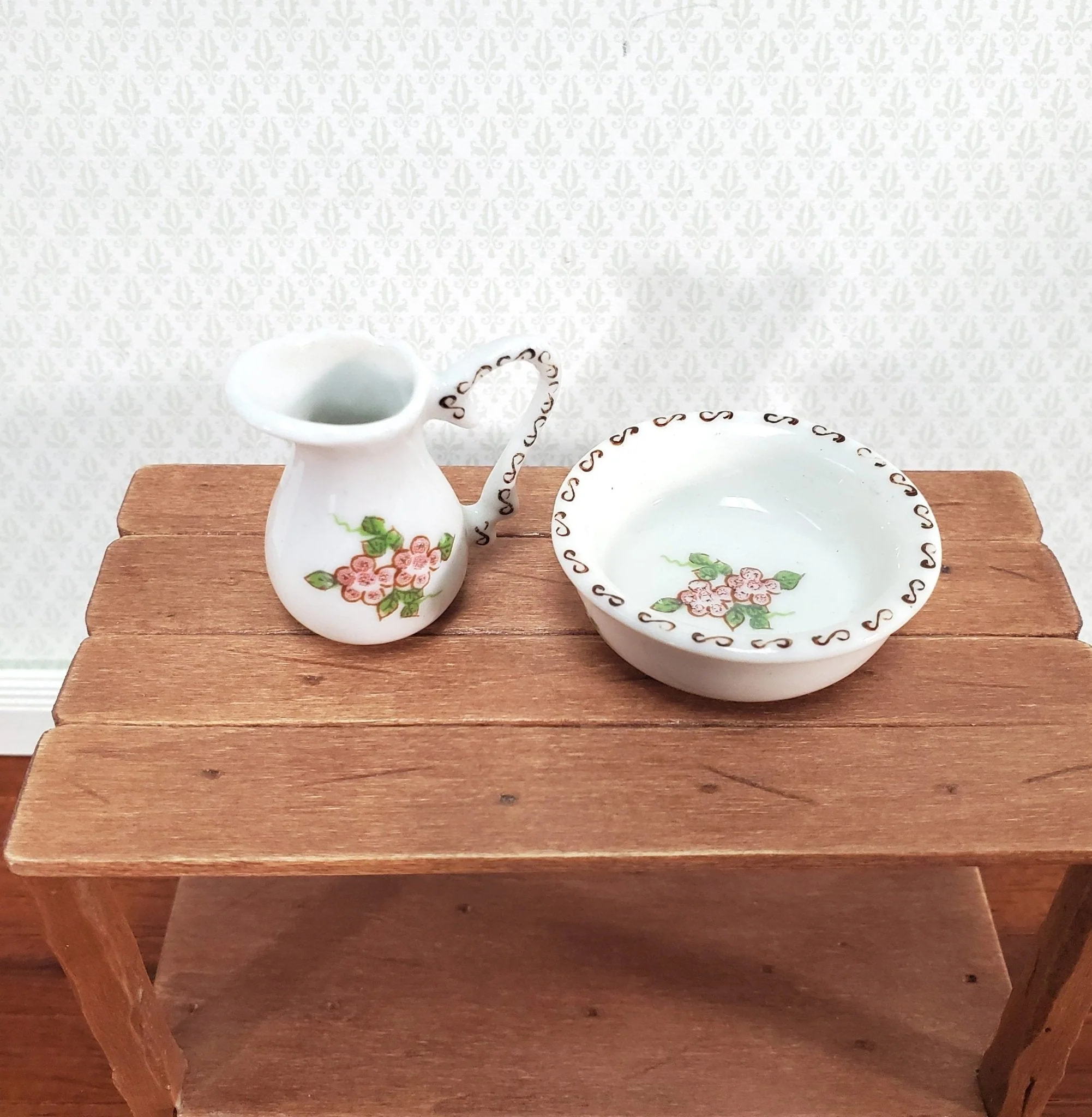 Dollhouse Miniature Pitcher with Handle and Bowl Wash Basin LARGE Ceramic - Image 3