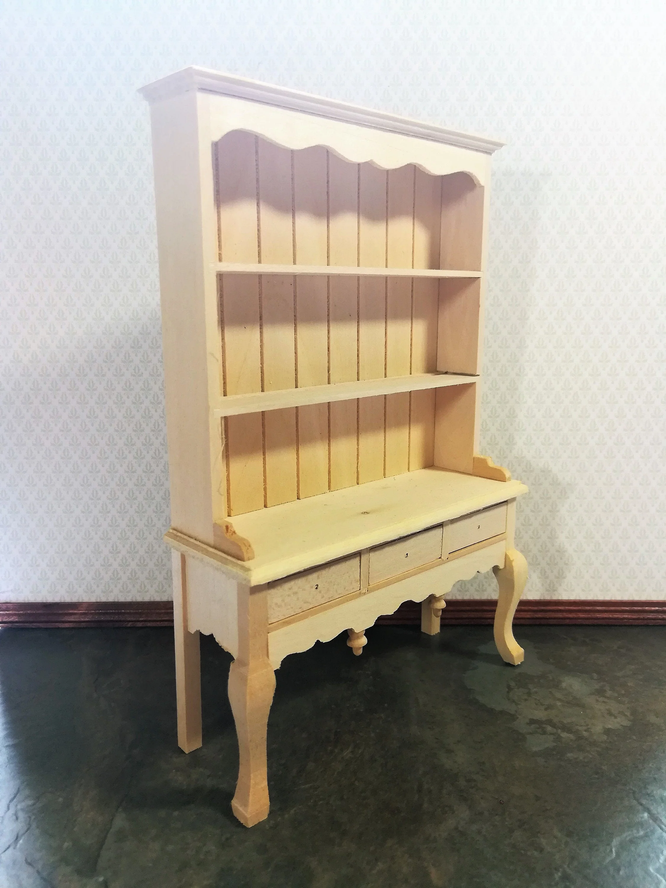 Dollhouse Cupboard Hutch Queen Anne Style Kitchen 1:12 Scale Furniture Unpainted - Image 3