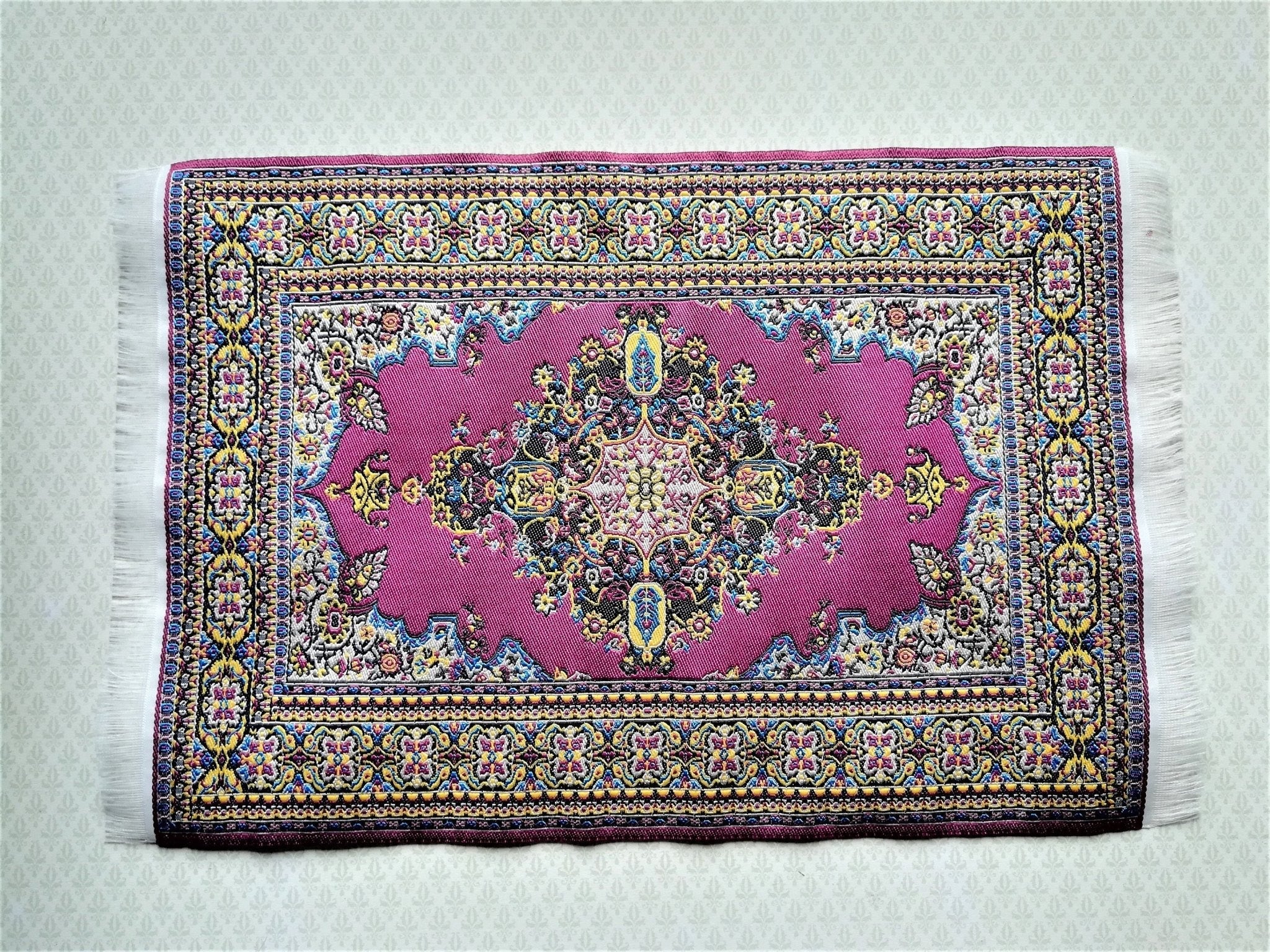 Dollhouse Miniature Rug Burgundy & Gold Carpet with Fringe 1:12 Scale 9.25" x 6"
